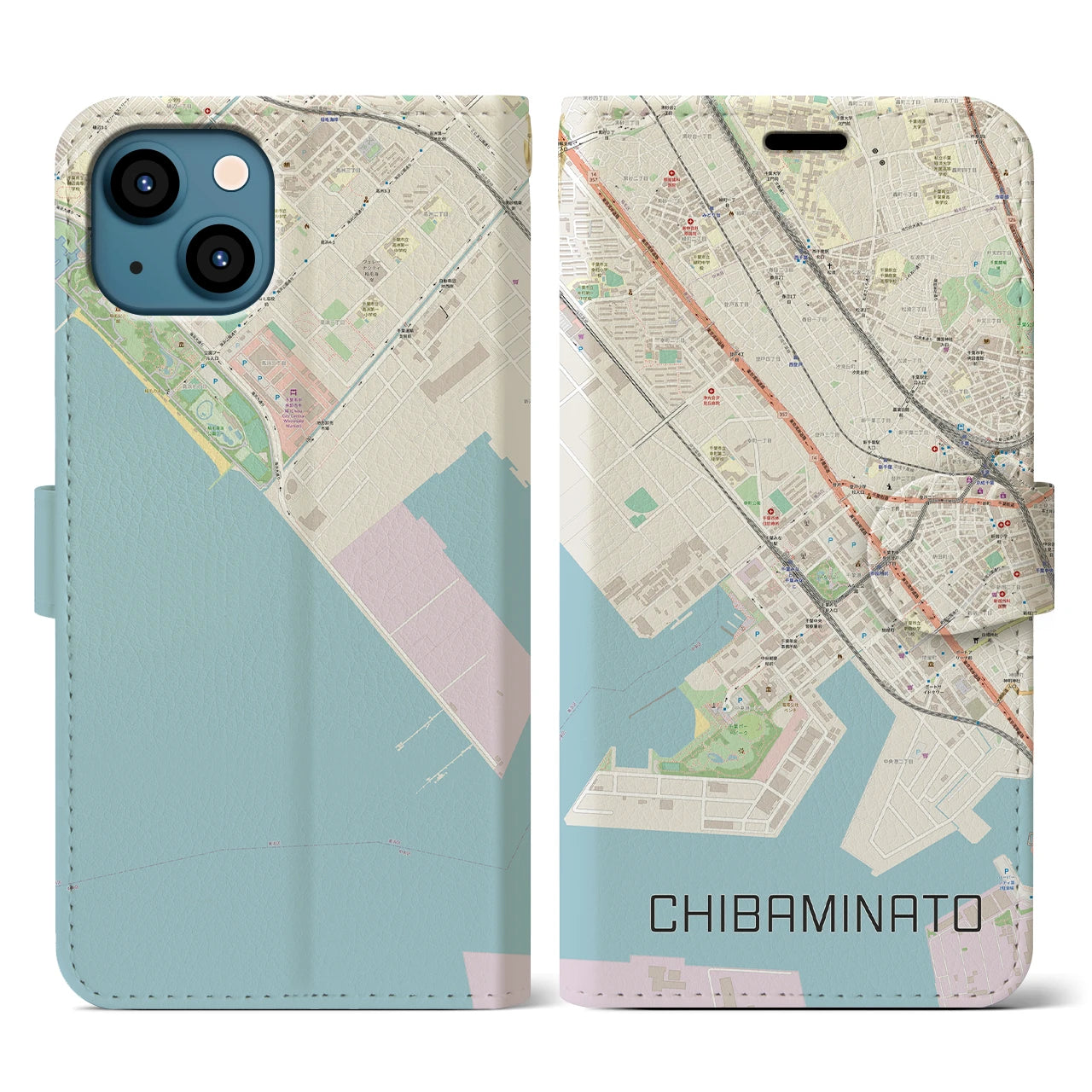 【千葉みなと(千葉県)】地図柄iPhoneケース(手帳タイプ)ナチュラル・iPhone 13 用