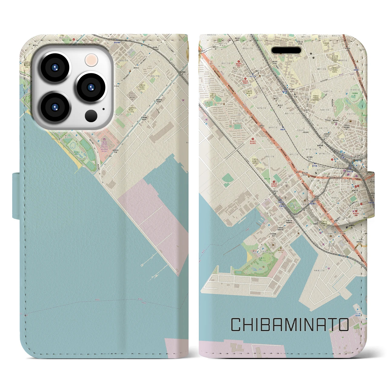 【千葉みなと(千葉県)】地図柄iPhoneケース(手帳タイプ)ナチュラル・iPhone 13 Pro 用