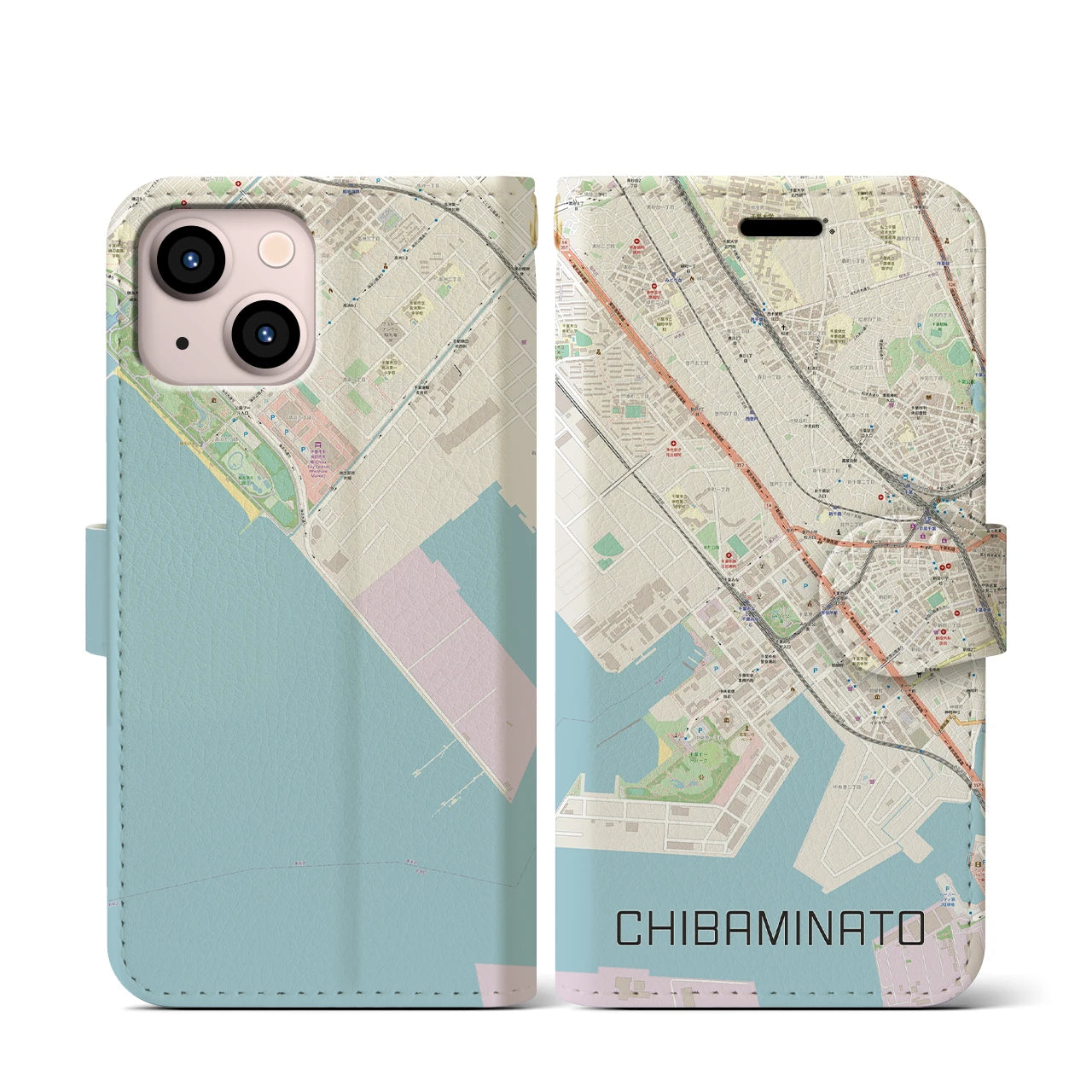 【千葉みなと(千葉県)】地図柄iPhoneケース(手帳タイプ)ナチュラル・iPhone 13 mini 用