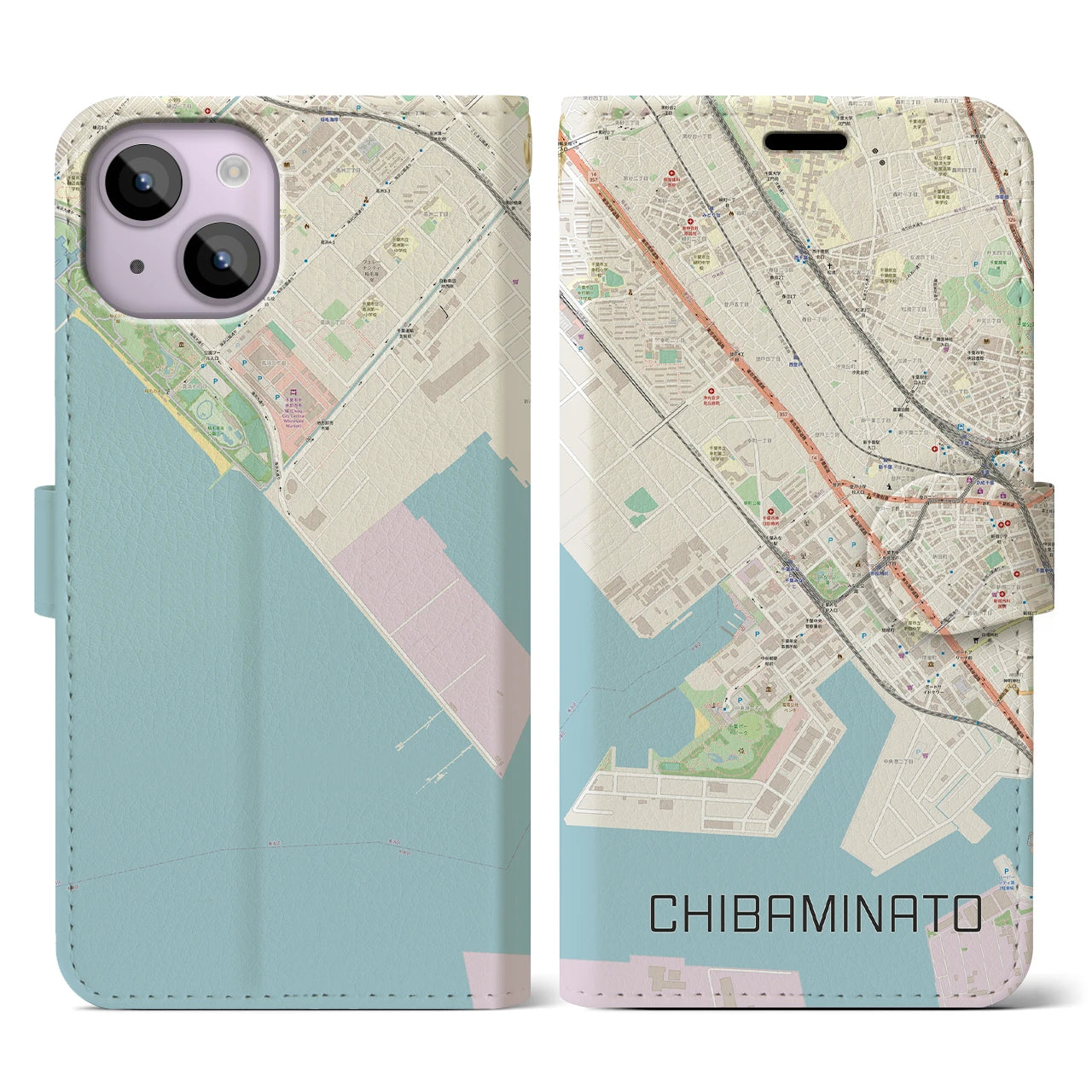 【千葉みなと(千葉県)】地図柄iPhoneケース(手帳タイプ)ナチュラル・iPhone 14 用