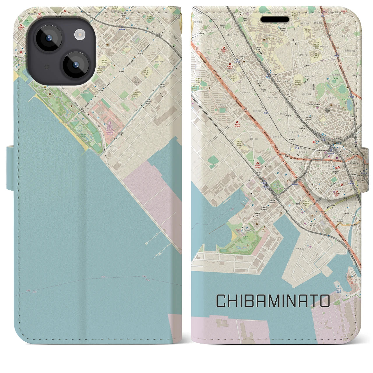 【千葉みなと(千葉県)】地図柄iPhoneケース(手帳タイプ)ナチュラル・iPhone 14 Plus 用