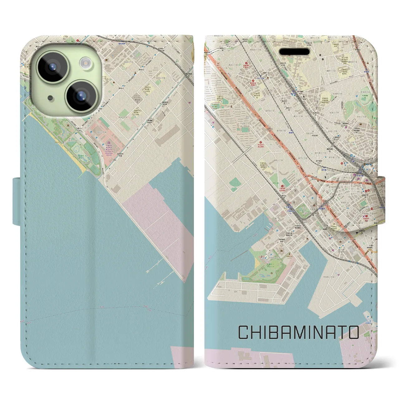 【千葉みなと(千葉県)】地図柄iPhoneケース(手帳タイプ)ナチュラル・iPhone 15 用