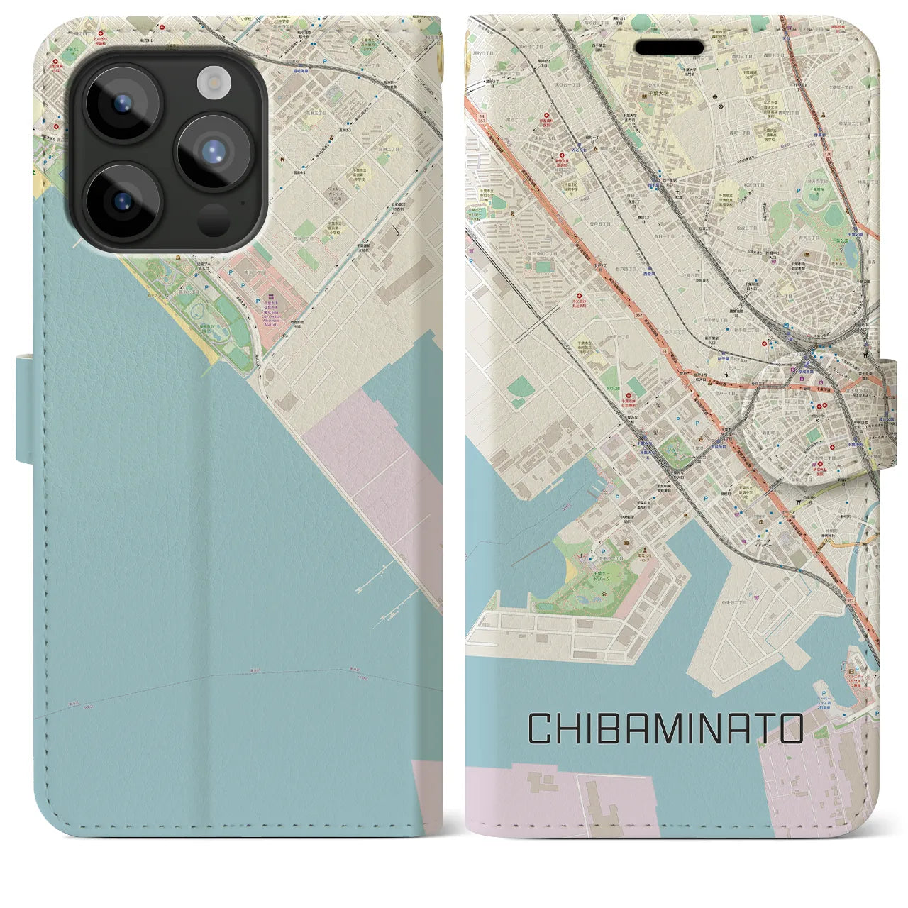 【千葉みなと(千葉県)】地図柄iPhoneケース(手帳タイプ)ナチュラル・iPhone 15 Pro Max 用