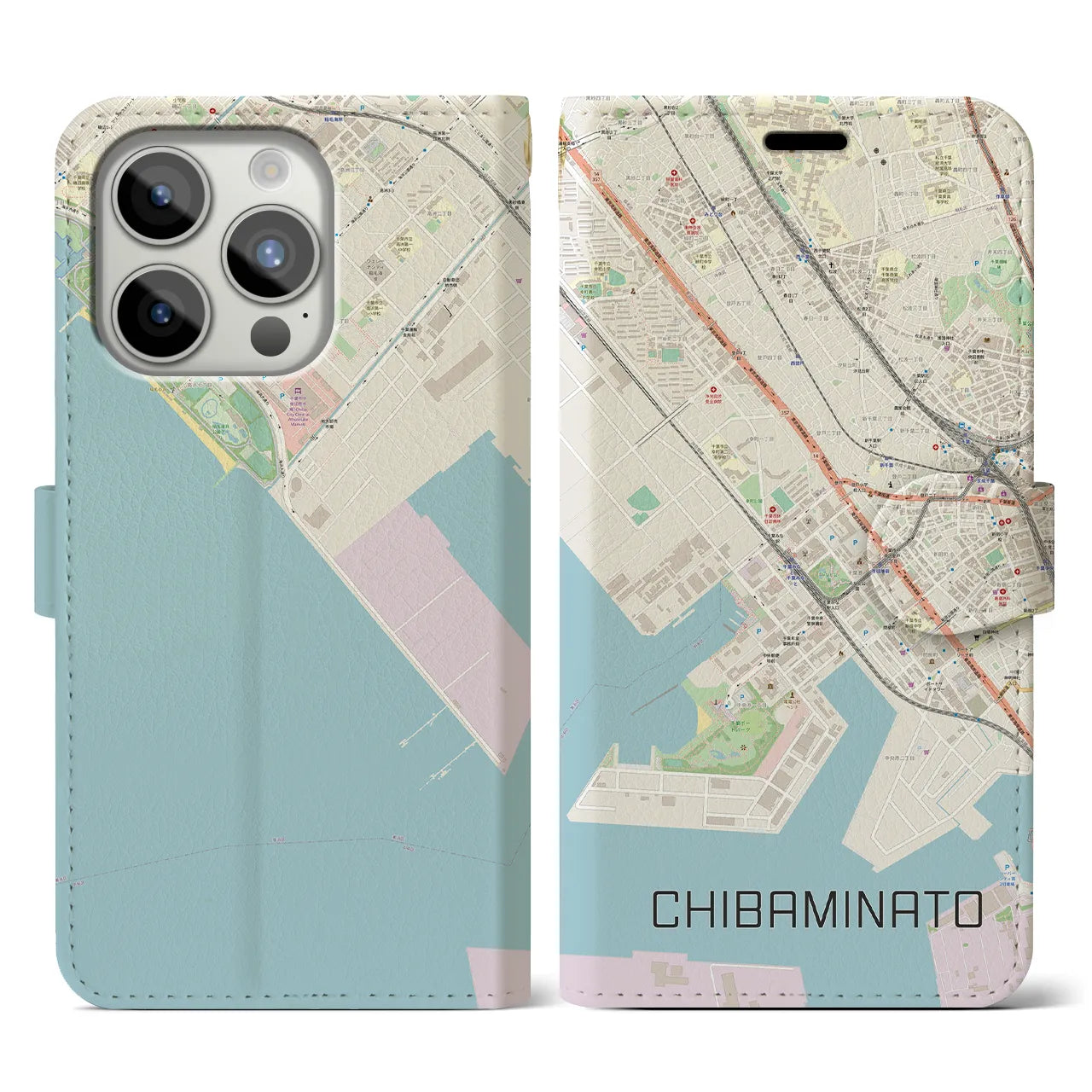 【千葉みなと(千葉県)】地図柄iPhoneケース(手帳タイプ)ナチュラル・iPhone 15 Pro 用
