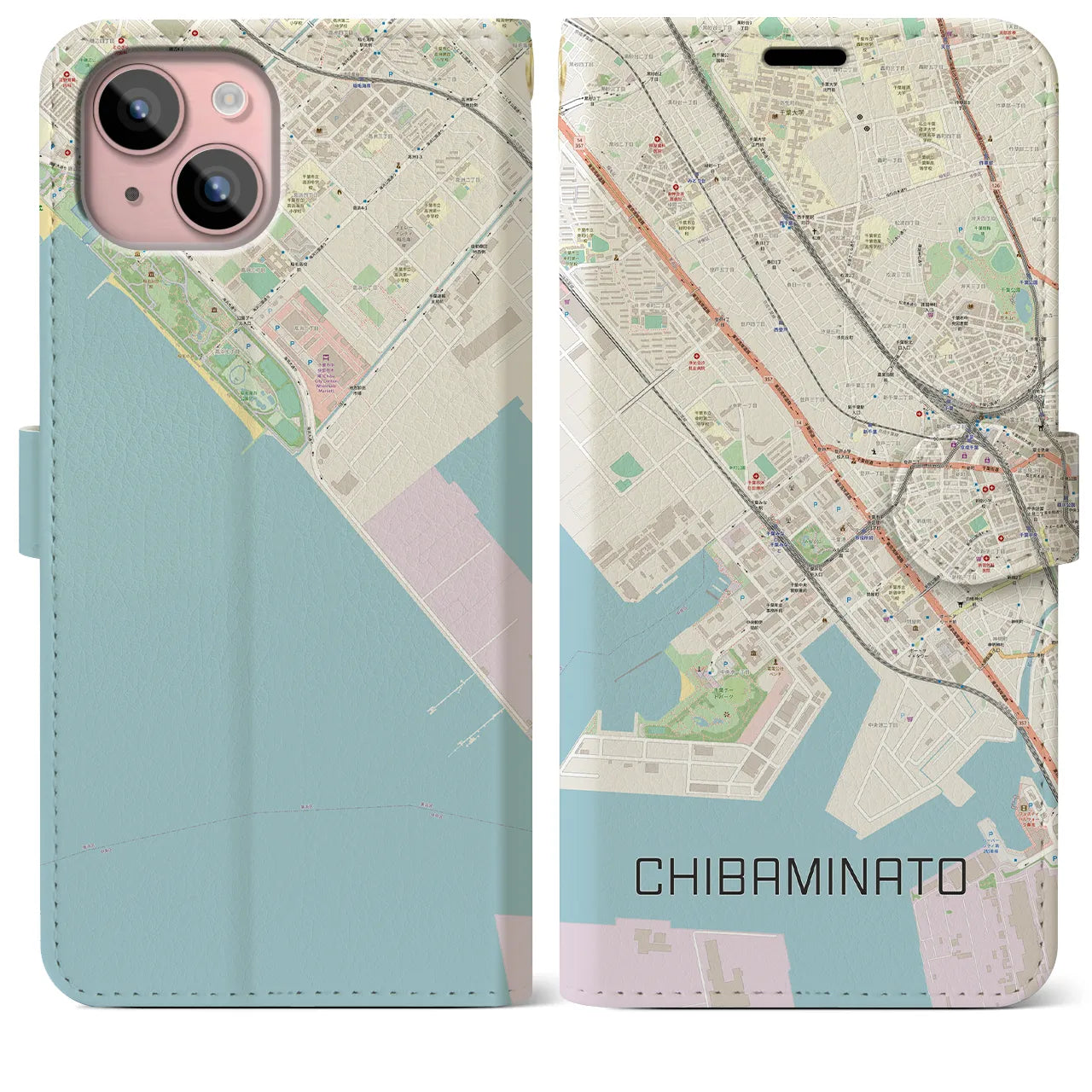 【千葉みなと(千葉県)】地図柄iPhoneケース(手帳タイプ)ナチュラル・iPhone 15 Plus 用