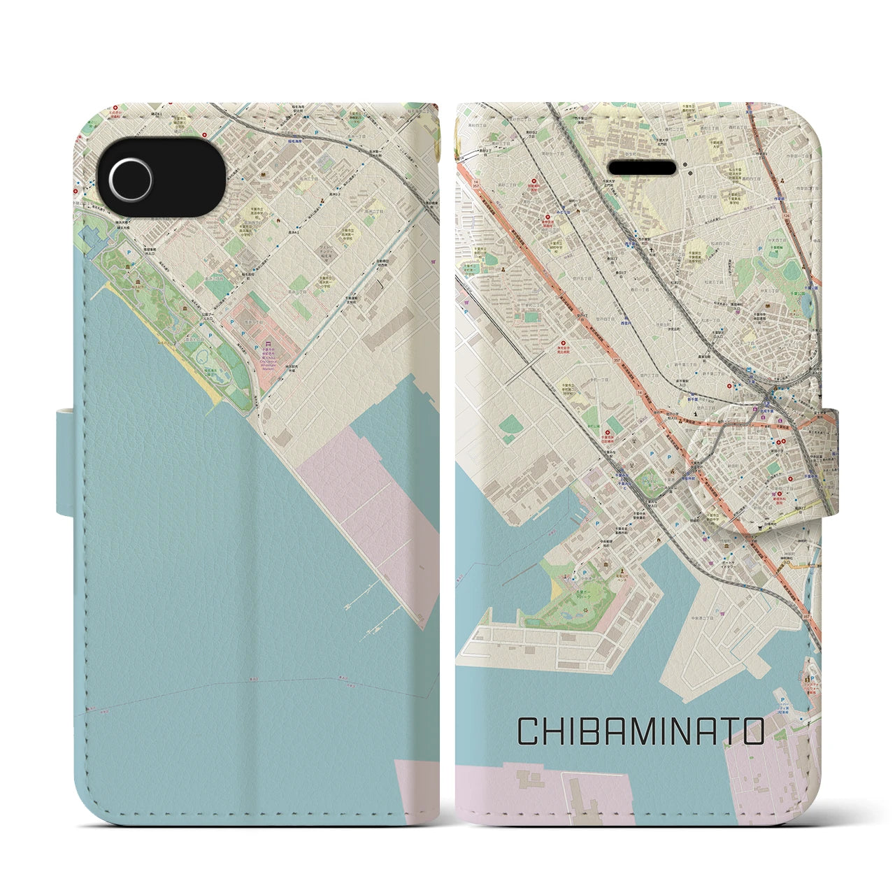【千葉みなと(千葉県)】地図柄iPhoneケース(手帳タイプ)ナチュラル・iPhone SE(第3 / 第2世代) / 8 / 7 / 6s / 6 用