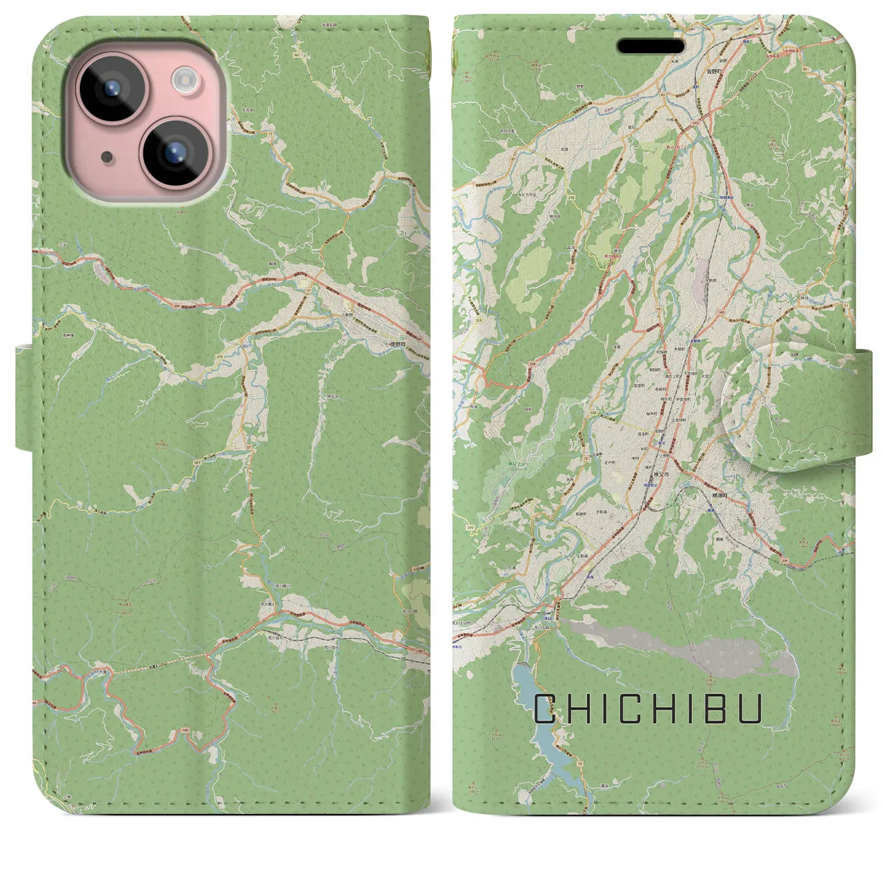 【秩父(埼玉県)】地図柄iPhoneケース(手帳タイプ)ナチュラル・iPhone 15 Plus 用
