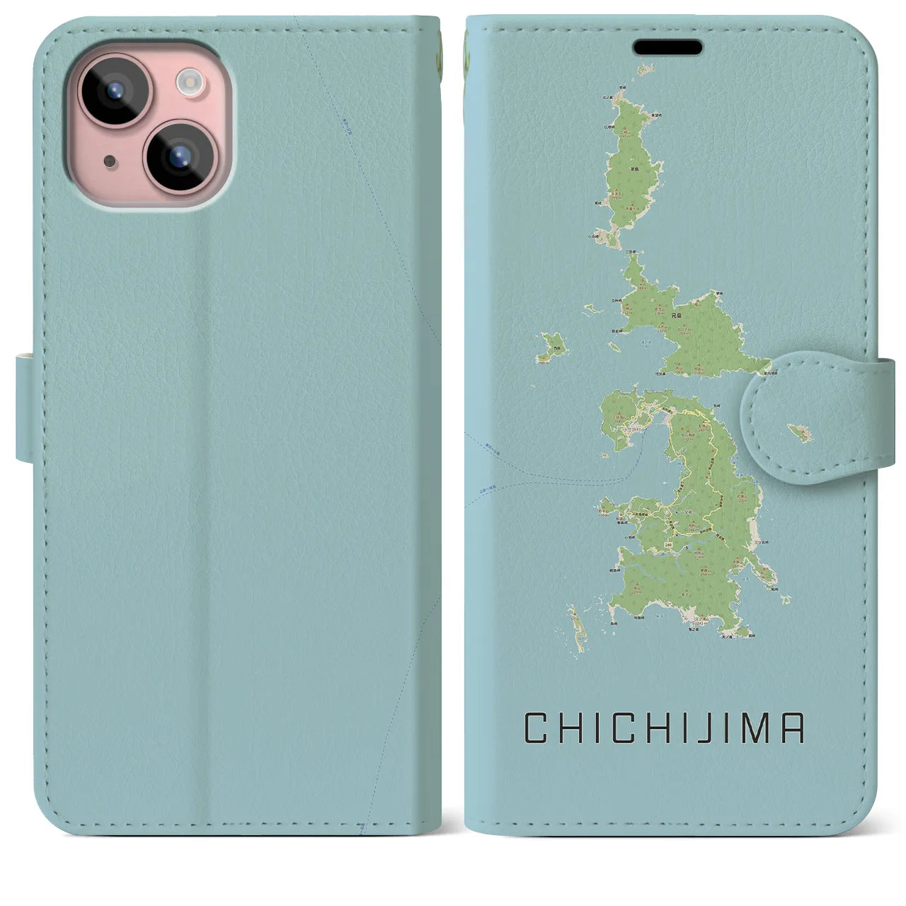 【父島(東京都)】地図柄iPhoneケース(手帳タイプ)ナチュラル・iPhone 15 Plus 用