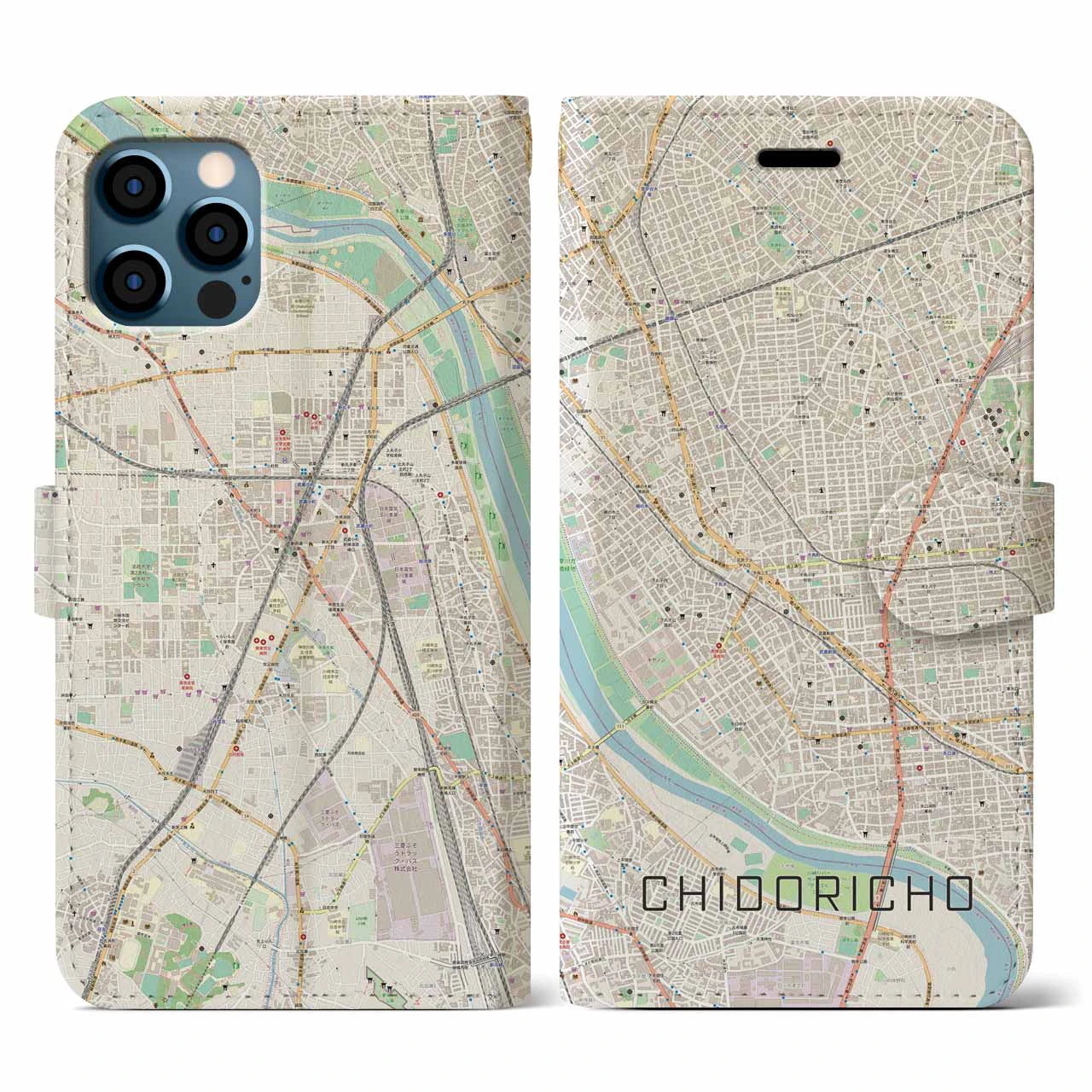 【千鳥町(東京都)】地図柄iPhoneケース(手帳タイプ)ナチュラル・iPhone 12 / 12 Pro 用