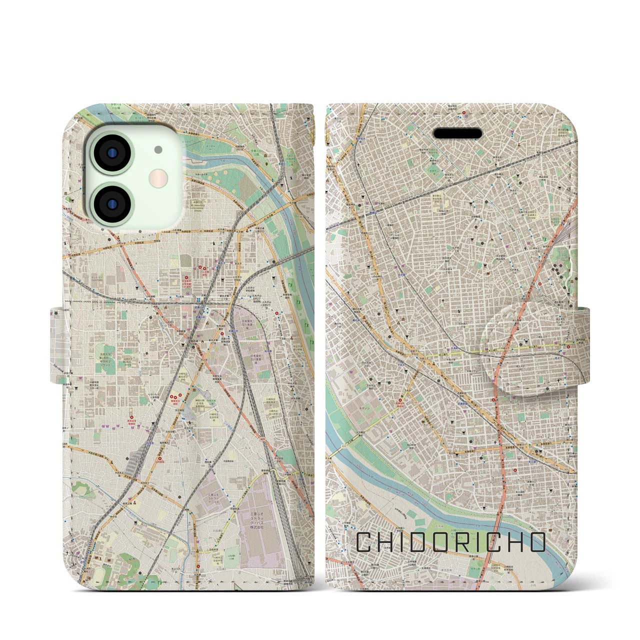 【千鳥町(東京都)】地図柄iPhoneケース(手帳タイプ)ナチュラル・iPhone 12 mini 用