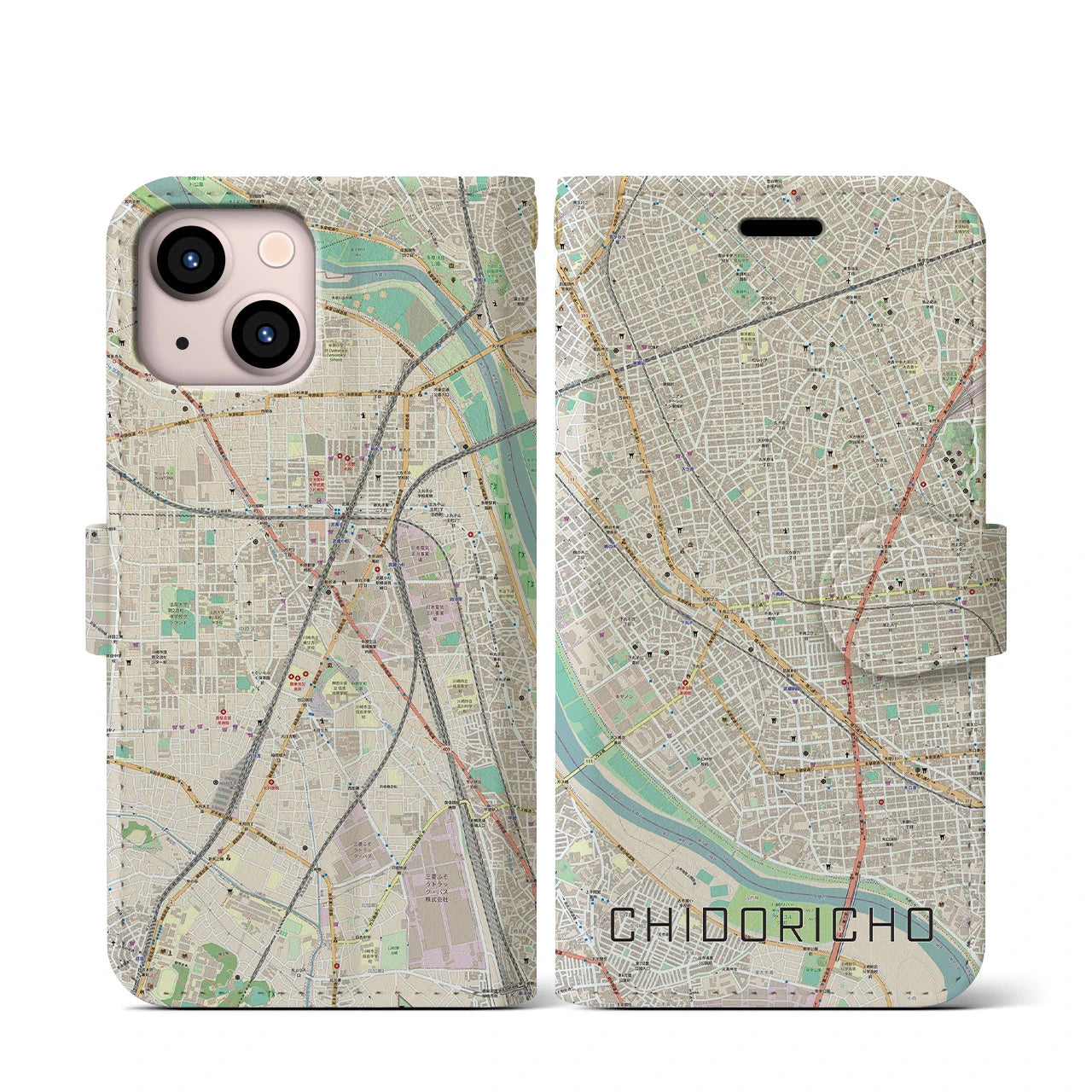 【千鳥町(東京都)】地図柄iPhoneケース(手帳タイプ)ナチュラル・iPhone 13 mini 用