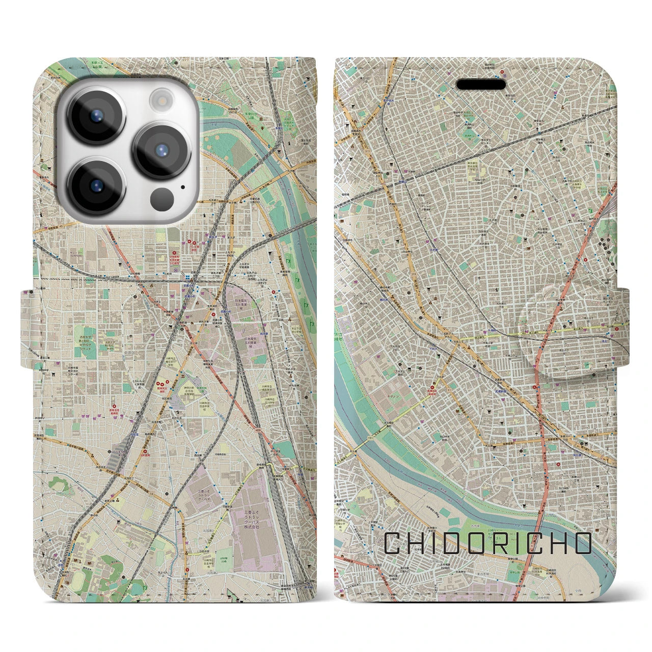 【千鳥町(東京都)】地図柄iPhoneケース(手帳タイプ)ナチュラル・iPhone 14 Pro 用