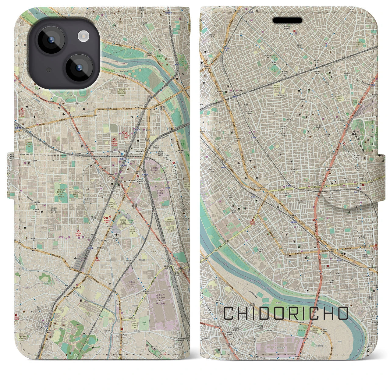 【千鳥町(東京都)】地図柄iPhoneケース(手帳タイプ)ナチュラル・iPhone 14 Plus 用