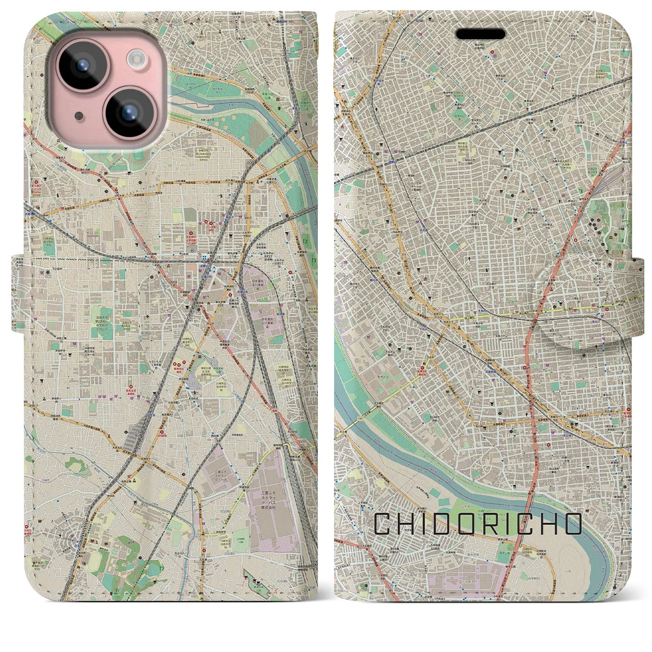 【千鳥町(東京都)】地図柄iPhoneケース(手帳タイプ)ナチュラル・iPhone 15 Plus 用