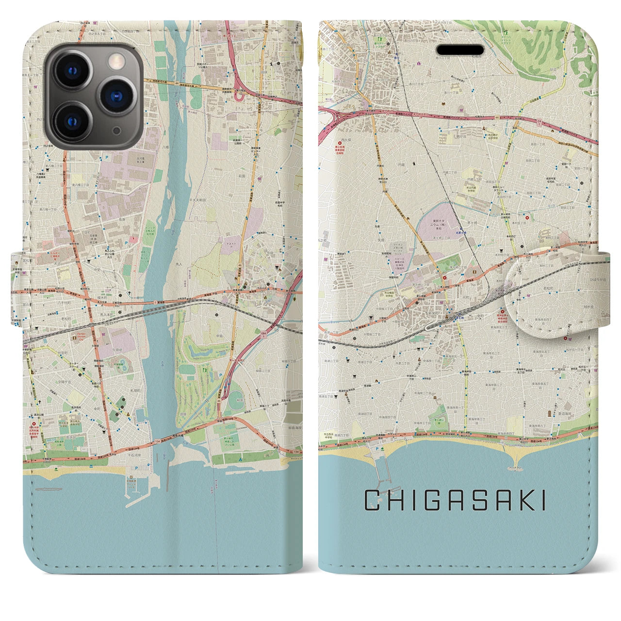 【茅ヶ崎2(神奈川県)】地図柄iPhoneケース(手帳タイプ)ナチュラル・iPhone 11 Pro Max 用