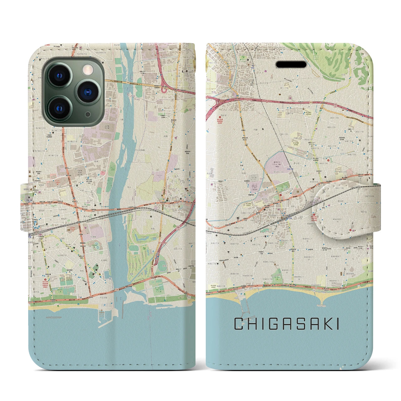 【茅ヶ崎2(神奈川県)】地図柄iPhoneケース(手帳タイプ)ナチュラル・iPhone 11 Pro 用