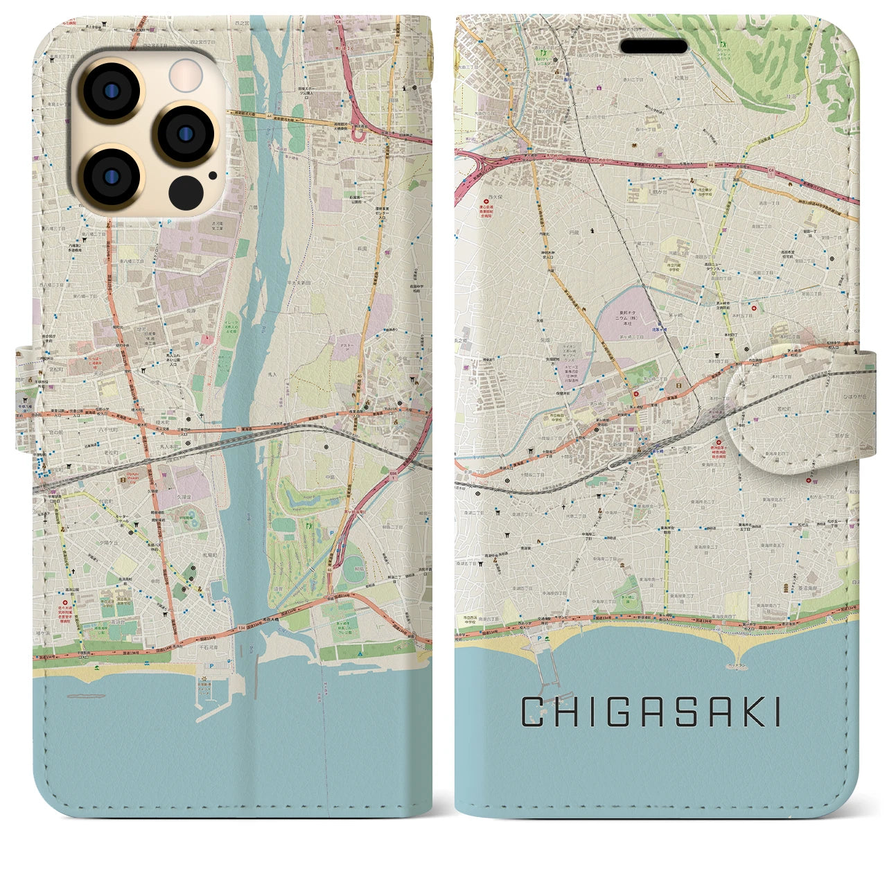 【茅ヶ崎2(神奈川県)】地図柄iPhoneケース(手帳タイプ)ナチュラル・iPhone 12 Pro Max 用