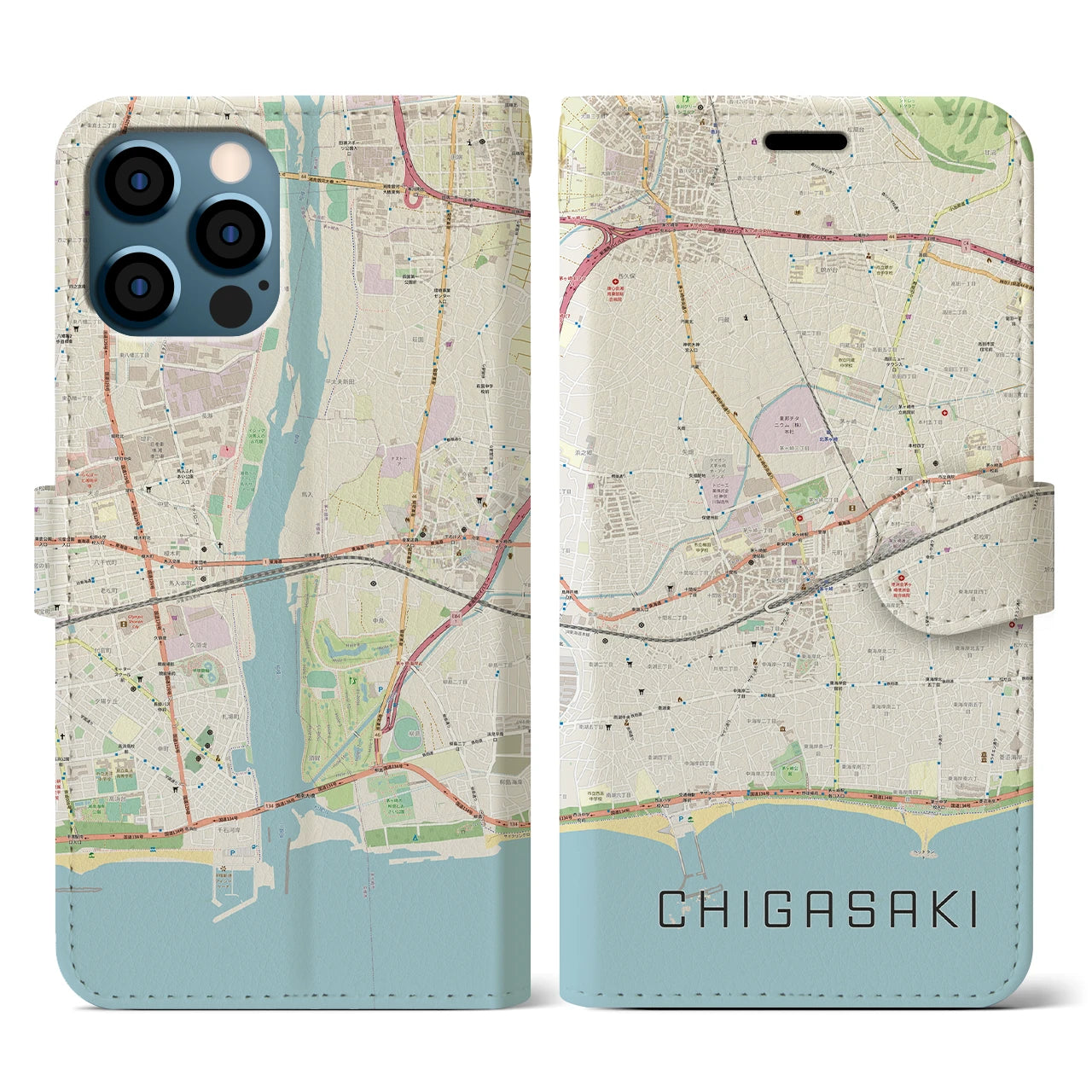 【茅ヶ崎2(神奈川県)】地図柄iPhoneケース(手帳タイプ)ナチュラル・iPhone 12 / 12 Pro 用