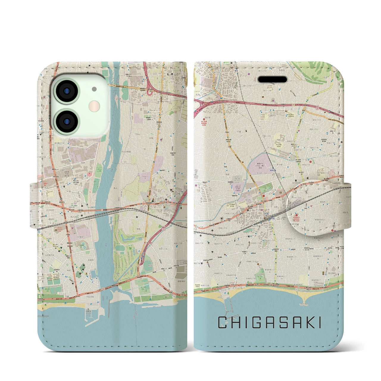 【茅ヶ崎2(神奈川県)】地図柄iPhoneケース(手帳タイプ)ナチュラル・iPhone 12 mini 用
