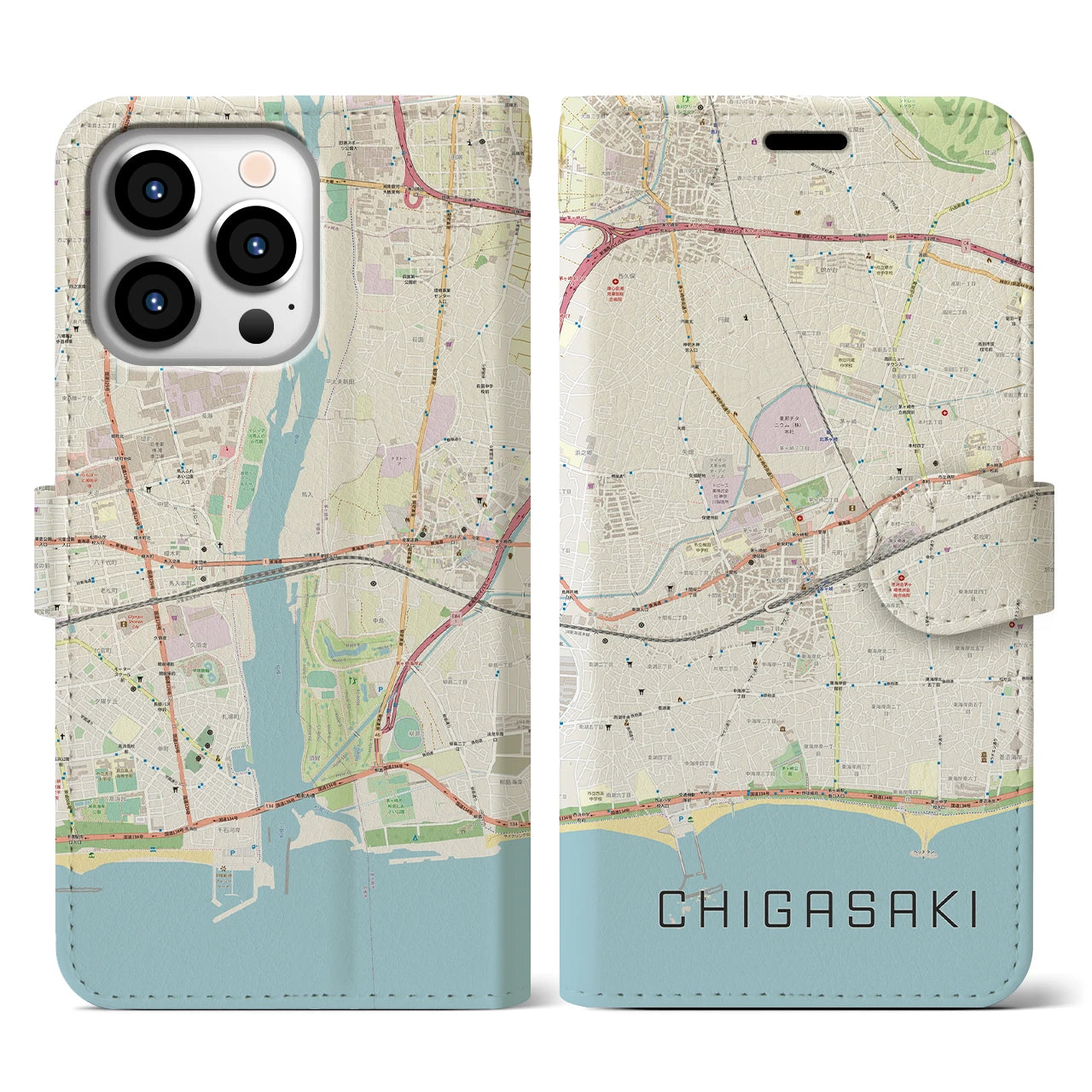 【茅ヶ崎2(神奈川県)】地図柄iPhoneケース(手帳タイプ)ナチュラル・iPhone 13 Pro 用