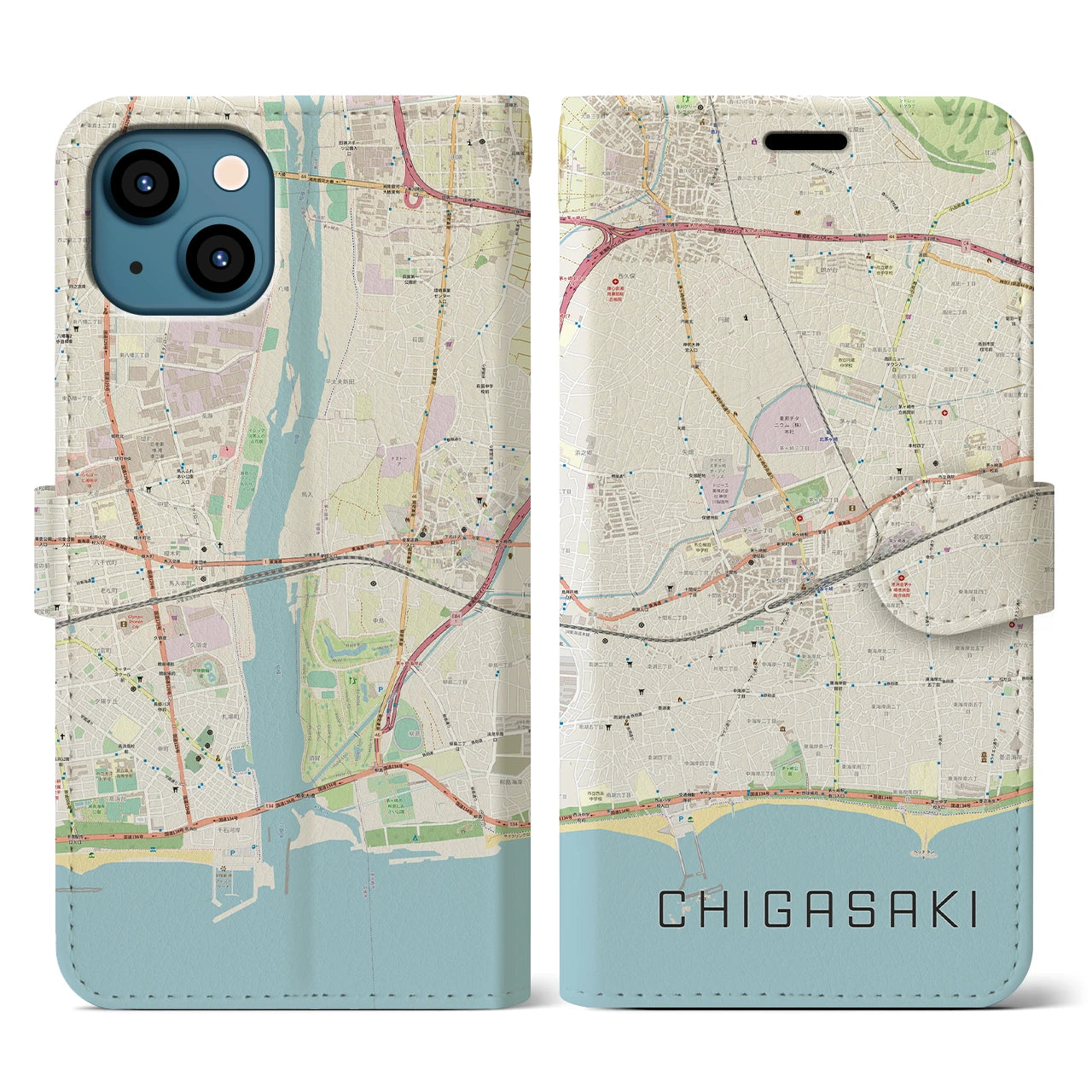 【茅ヶ崎2(神奈川県)】地図柄iPhoneケース(手帳タイプ)ナチュラル・iPhone 13 用