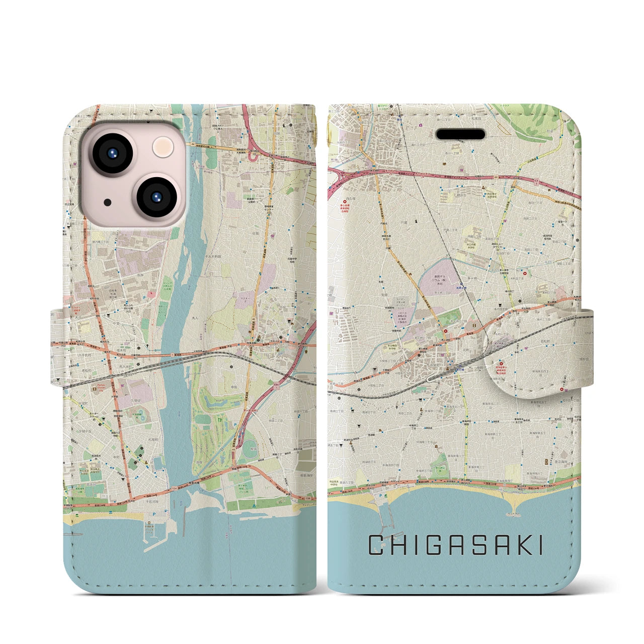【茅ヶ崎2(神奈川県)】地図柄iPhoneケース(手帳タイプ)ナチュラル・iPhone 13 mini 用