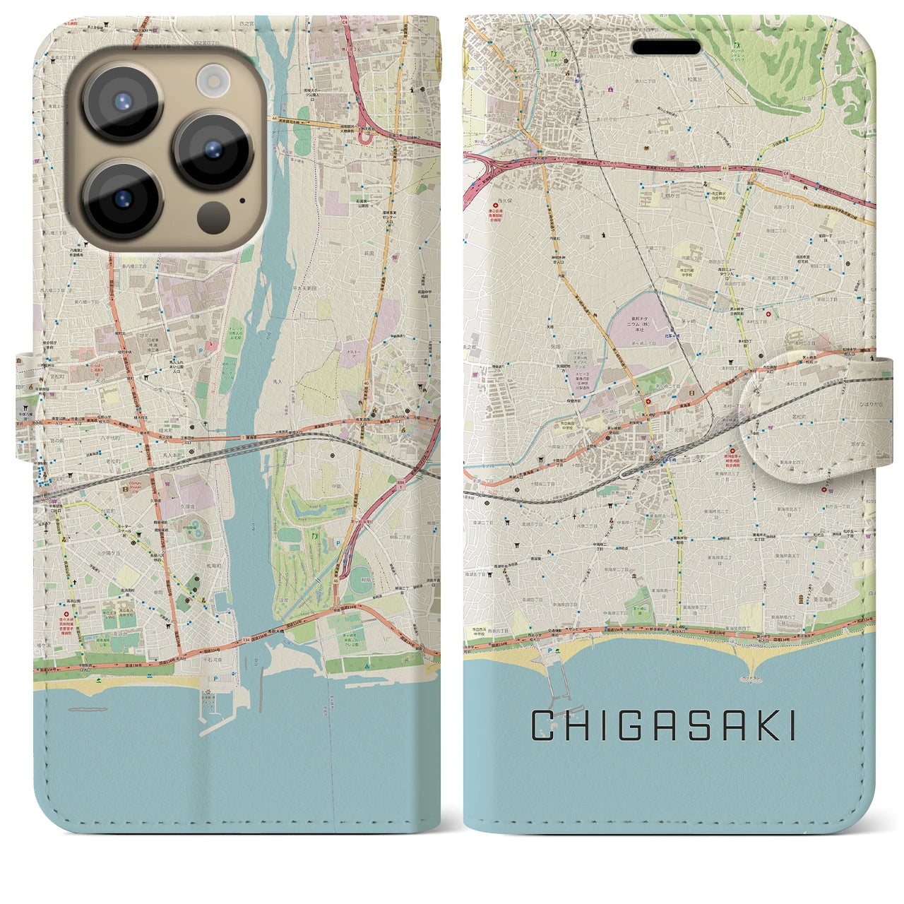 【茅ヶ崎2(神奈川県)】地図柄iPhoneケース(手帳タイプ)ナチュラル・iPhone 14 Pro Max 用