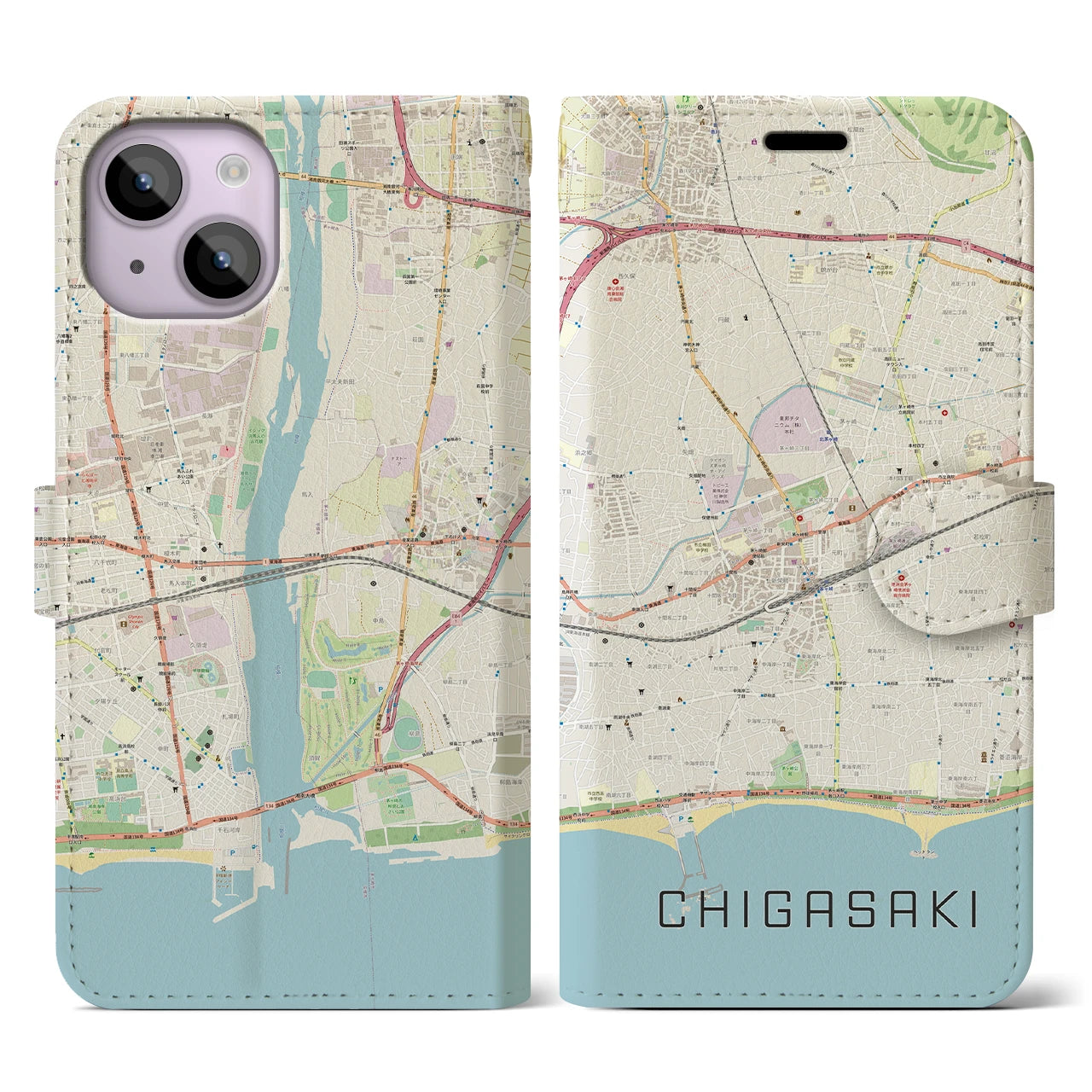 【茅ヶ崎2(神奈川県)】地図柄iPhoneケース(手帳タイプ)ナチュラル・iPhone 14 用