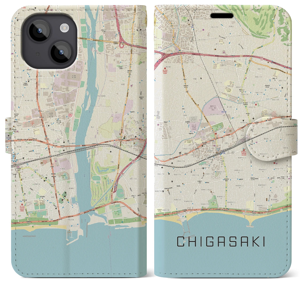 【茅ヶ崎2(神奈川県)】地図柄iPhoneケース(手帳タイプ)ナチュラル・iPhone 14 Plus 用