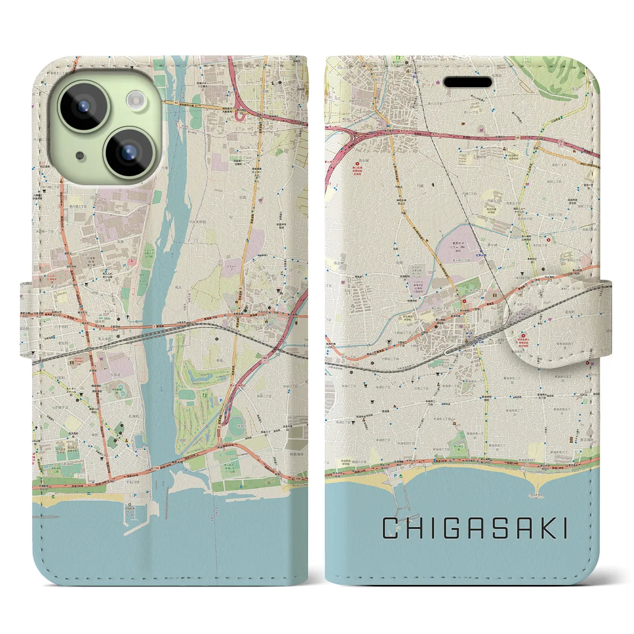 【茅ヶ崎2(神奈川県)】地図柄iPhoneケース(手帳タイプ)ナチュラル・iPhone 15 用