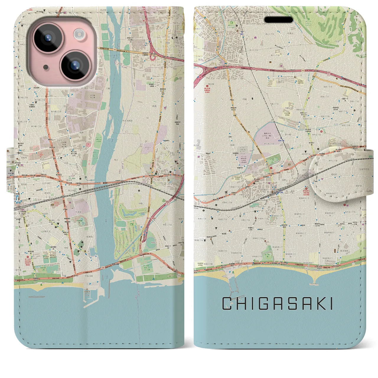 【茅ヶ崎2(神奈川県)】地図柄iPhoneケース(手帳タイプ)ナチュラル・iPhone 15 Plus 用