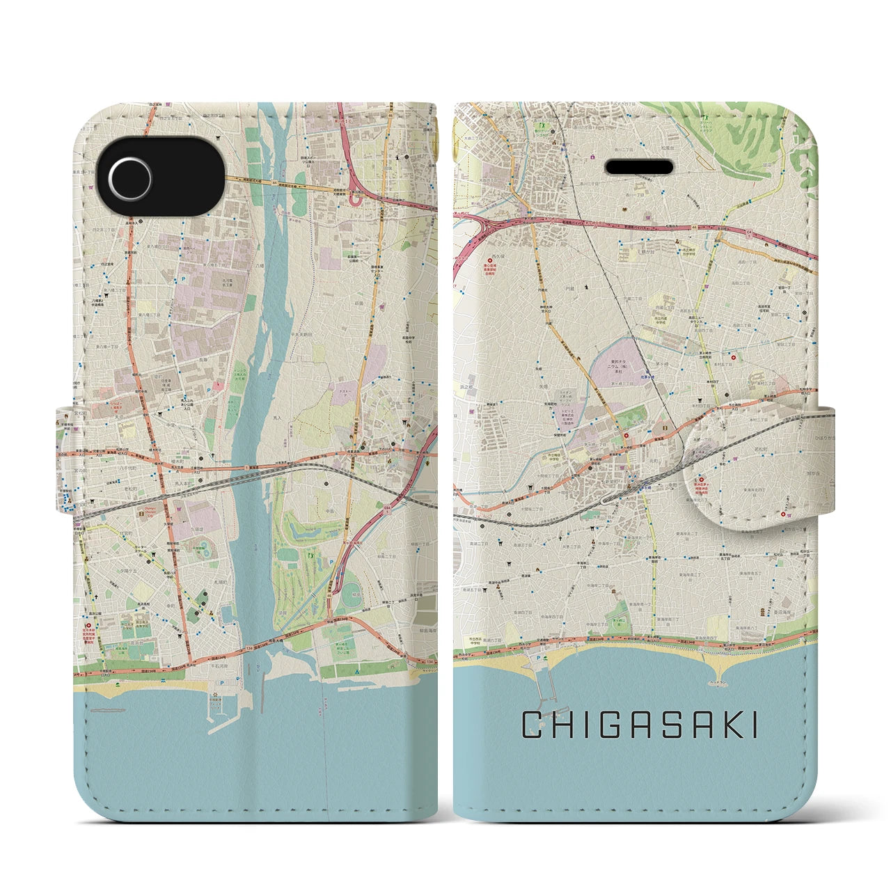 【茅ヶ崎2(神奈川県)】地図柄iPhoneケース(手帳タイプ)ナチュラル・iPhone SE(第3 / 第2世代) / 8 / 7 / 6s / 6 用