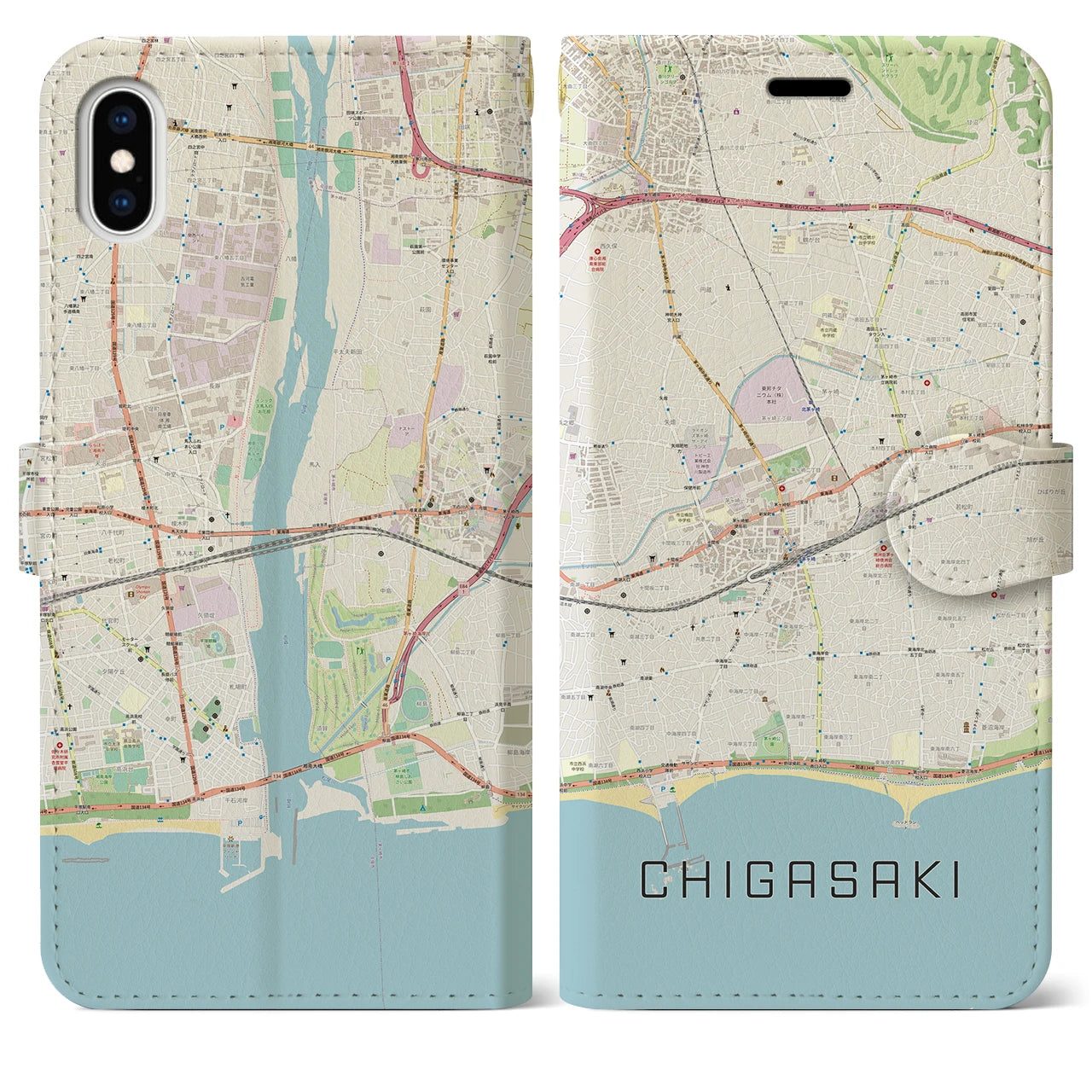 【茅ヶ崎2(神奈川県)】地図柄iPhoneケース(手帳タイプ)ナチュラル・iPhone XS Max 用