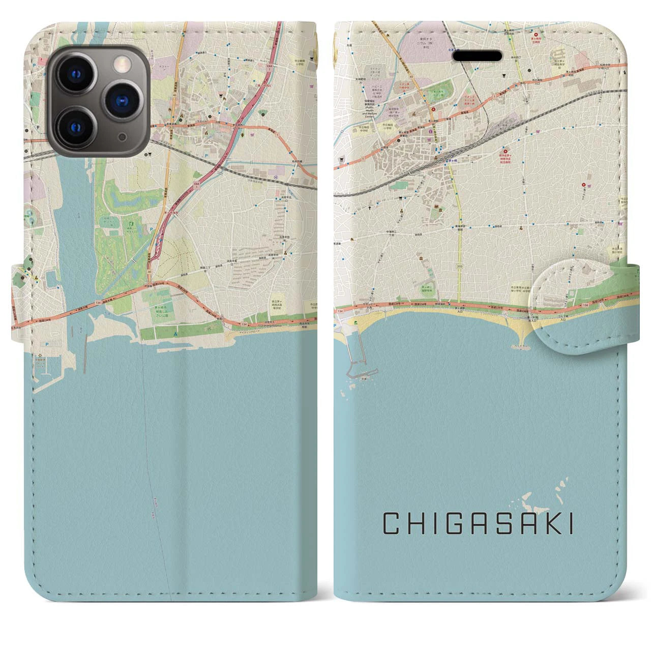 【茅ヶ崎(神奈川県)】地図柄iPhoneケース(手帳タイプ)ナチュラル・iPhone 11 Pro Max 用