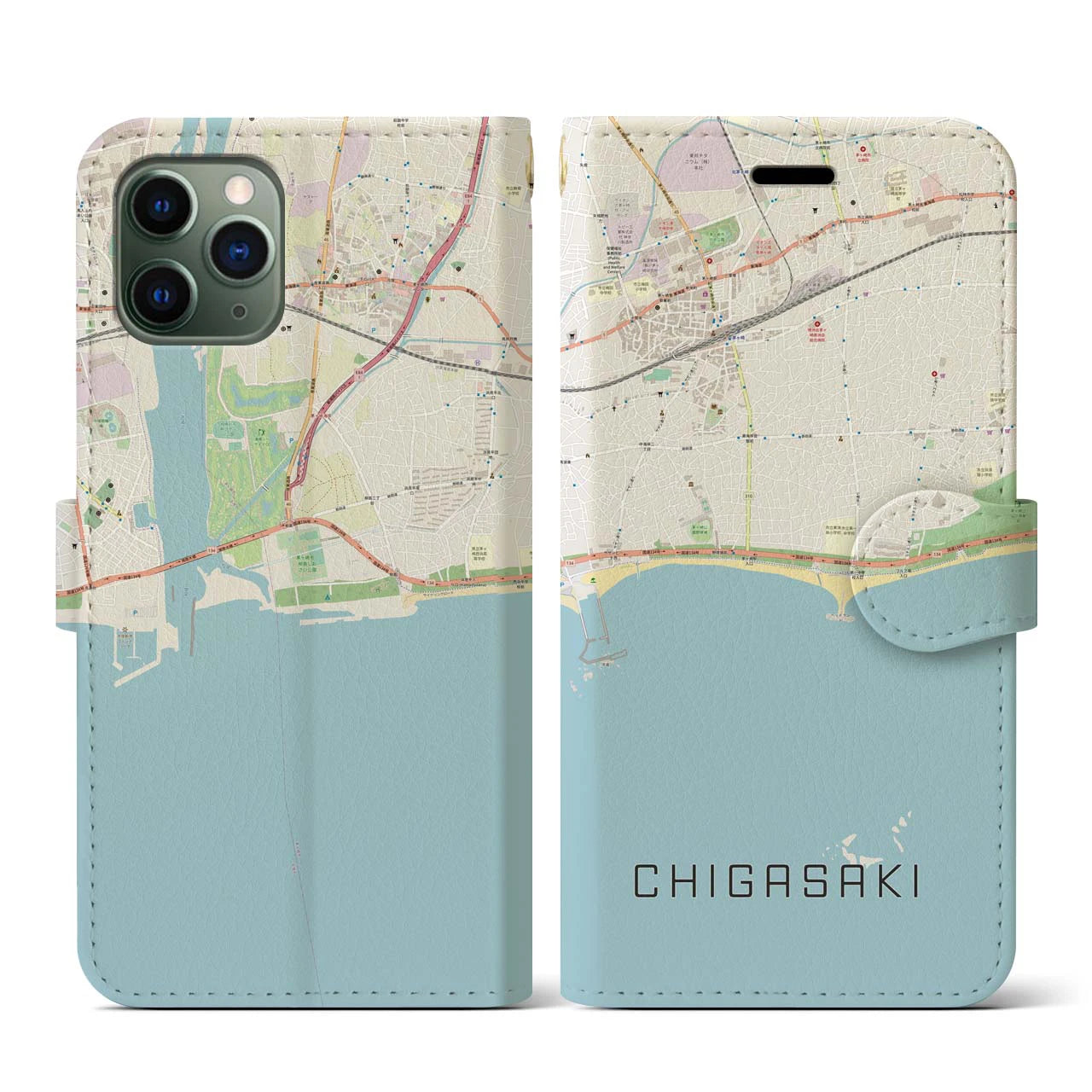【茅ヶ崎(神奈川県)】地図柄iPhoneケース(手帳タイプ)ナチュラル・iPhone 11 Pro 用