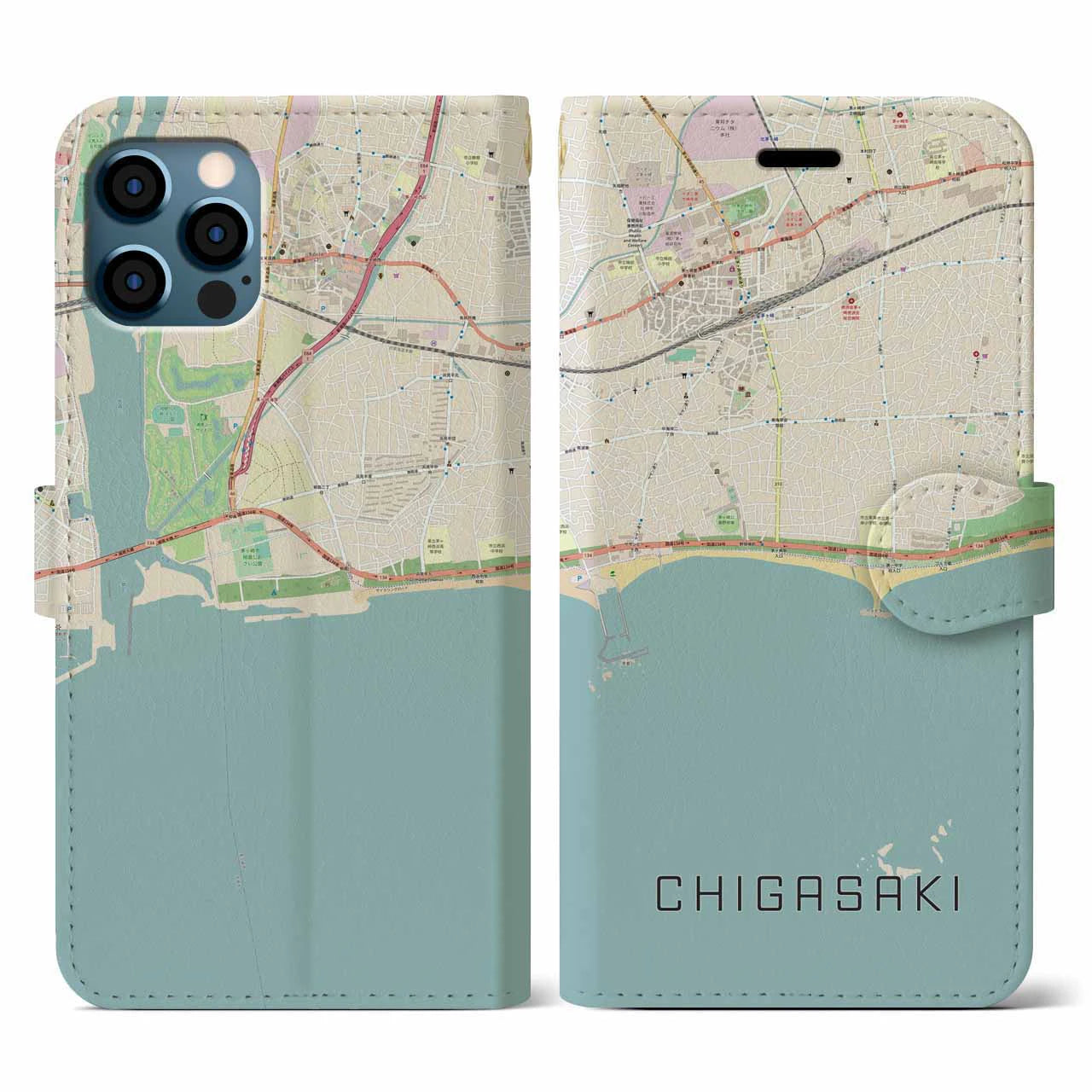 【茅ヶ崎(神奈川県)】地図柄iPhoneケース(手帳タイプ)ナチュラル・iPhone 12 / 12 Pro 用