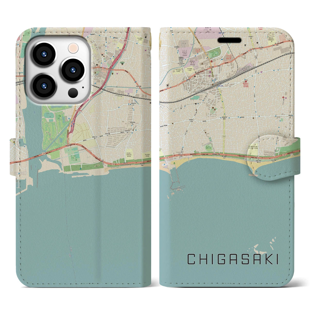 【茅ヶ崎(神奈川県)】地図柄iPhoneケース(手帳タイプ)ナチュラル・iPhone 13 Pro 用
