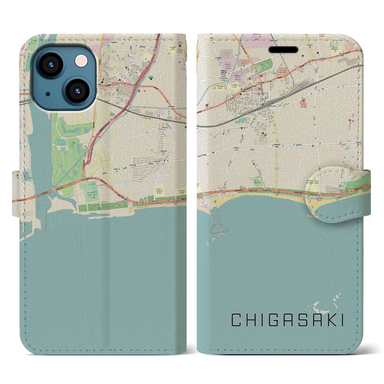 【茅ヶ崎(神奈川県)】地図柄iPhoneケース(手帳タイプ)ナチュラル・iPhone 13 用