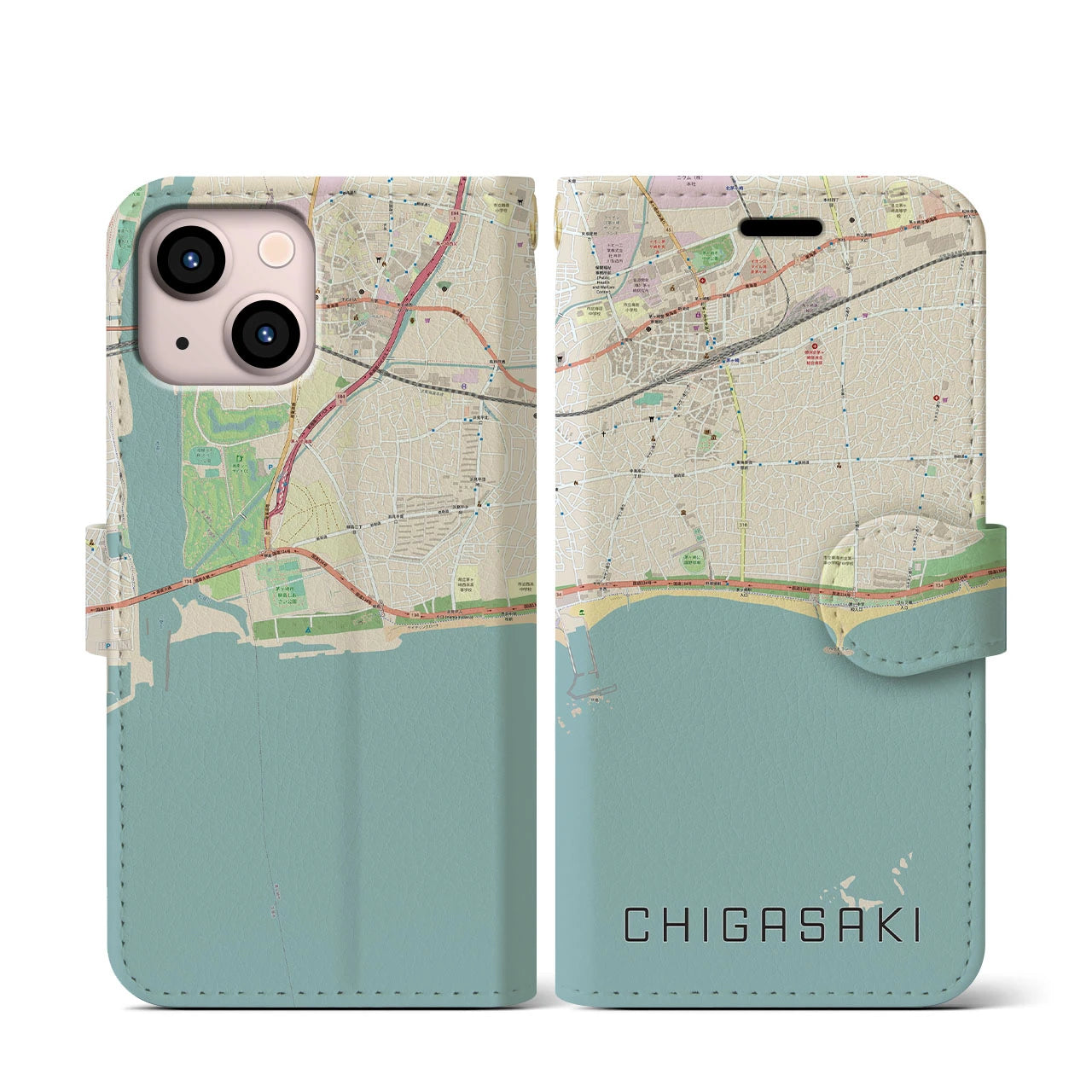【茅ヶ崎(神奈川県)】地図柄iPhoneケース(手帳タイプ)ナチュラル・iPhone 13 mini 用