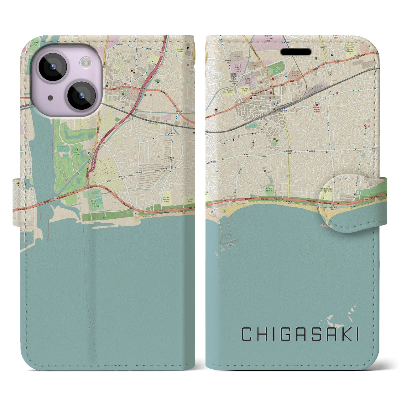 【茅ヶ崎(神奈川県)】地図柄iPhoneケース(手帳タイプ)ナチュラル・iPhone 14 用