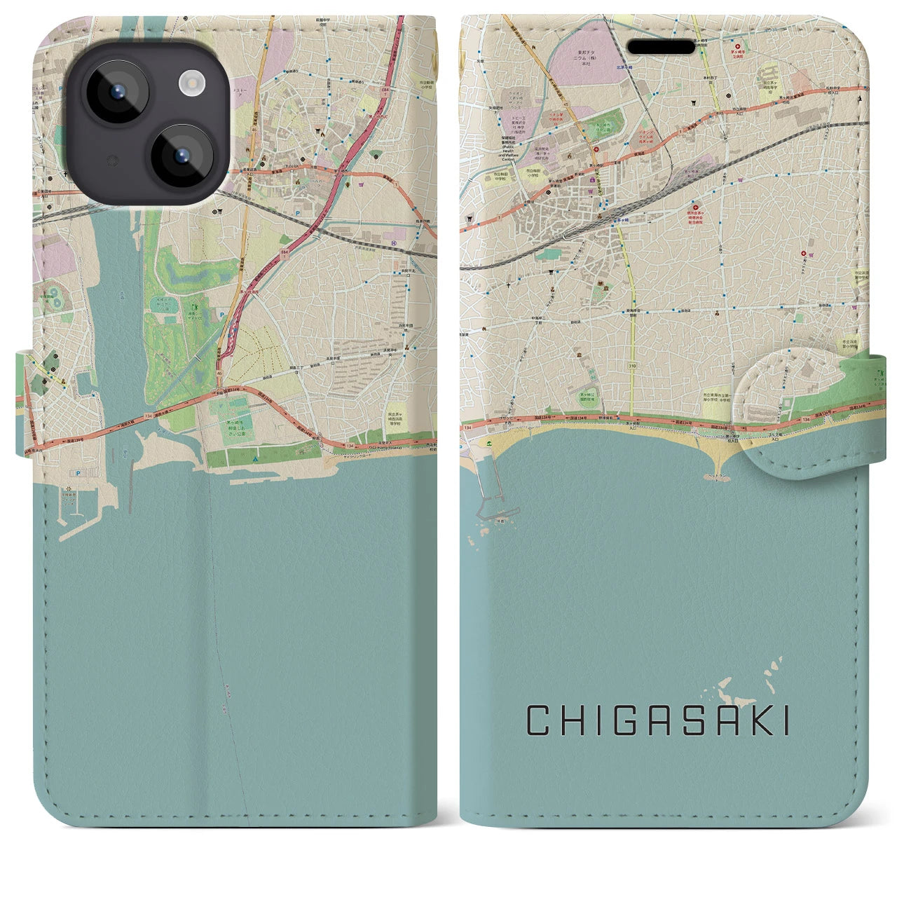 【茅ヶ崎(神奈川県)】地図柄iPhoneケース(手帳タイプ)ナチュラル・iPhone 14 Plus 用