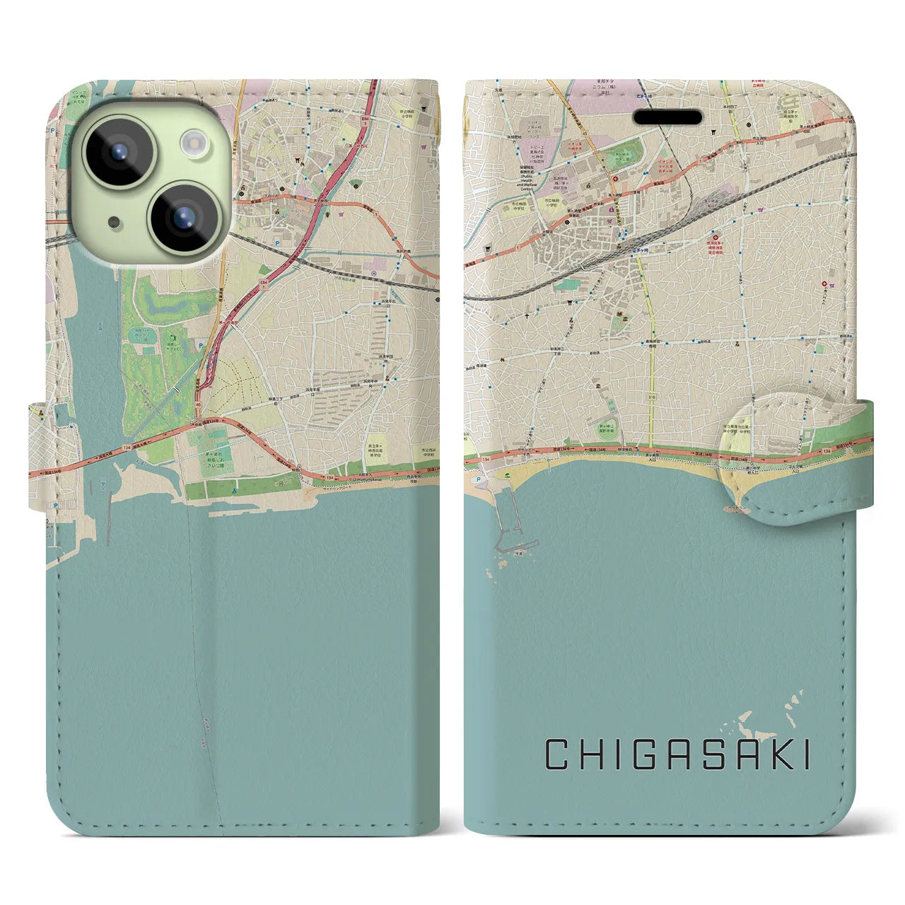 【茅ヶ崎(神奈川県)】地図柄iPhoneケース(手帳タイプ)ナチュラル・iPhone 15 用