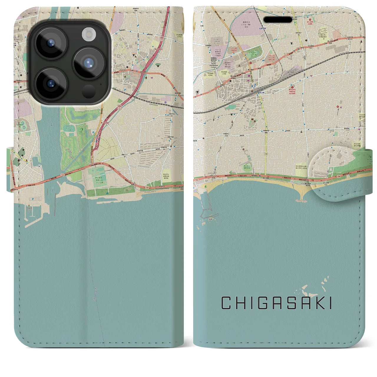 【茅ヶ崎(神奈川県)】地図柄iPhoneケース(手帳タイプ)ナチュラル・iPhone 15 Pro Max 用