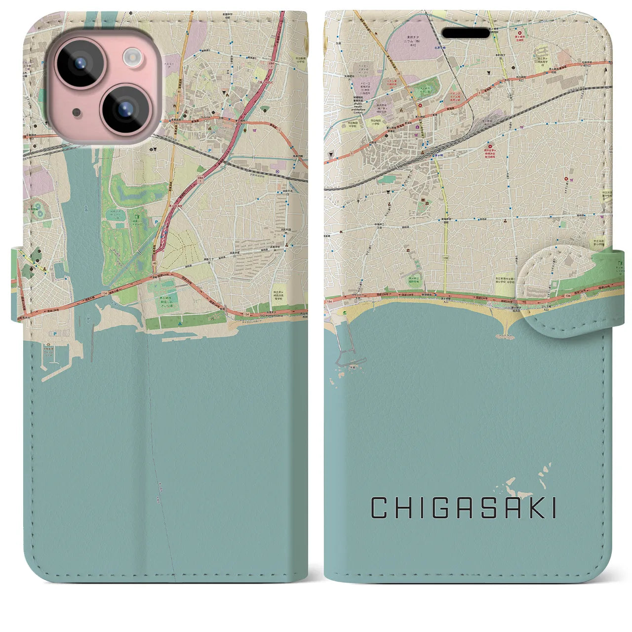 【茅ヶ崎(神奈川県)】地図柄iPhoneケース(手帳タイプ)ナチュラル・iPhone 15 Plus 用