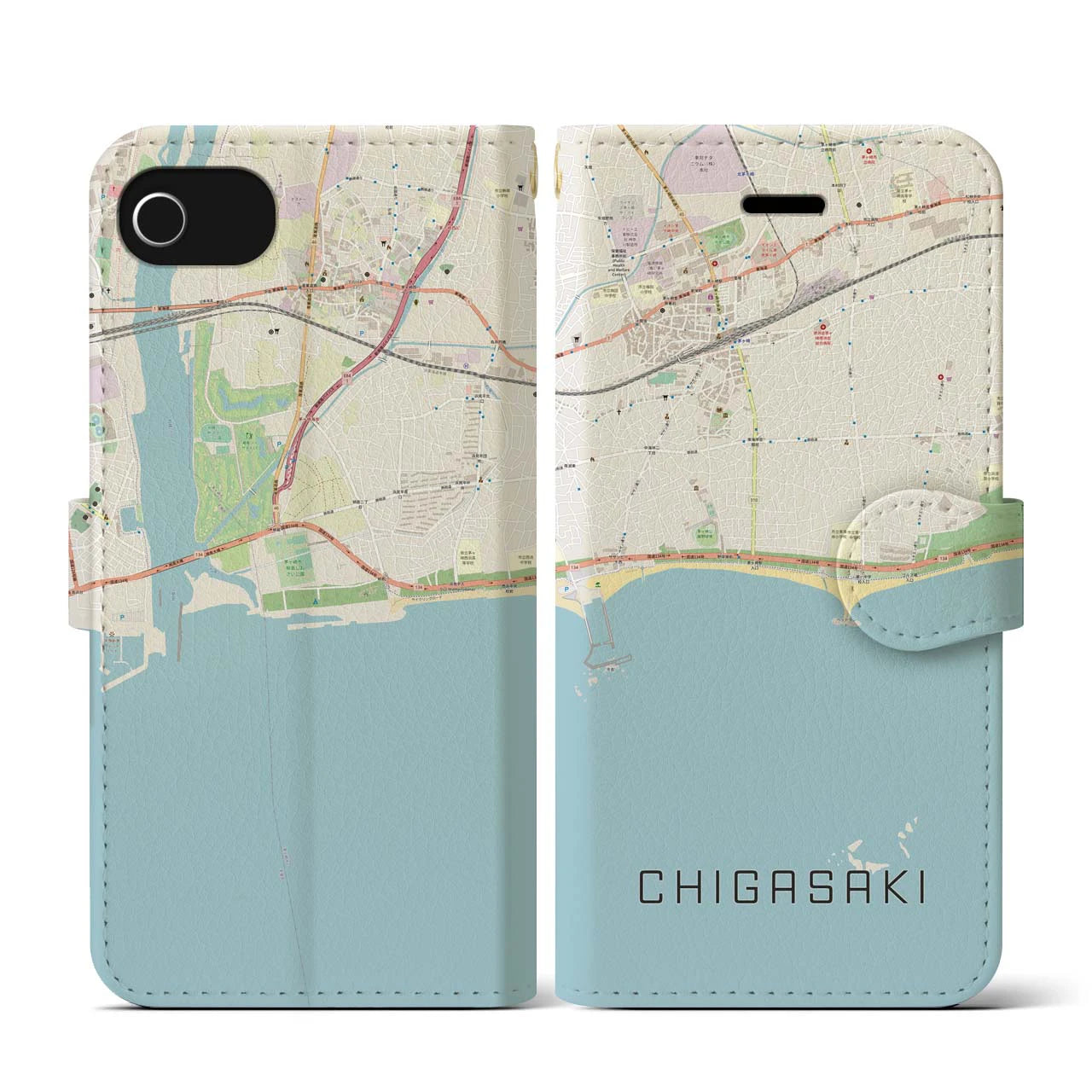 【茅ヶ崎(神奈川県)】地図柄iPhoneケース(手帳タイプ)ナチュラル・iPhone SE(第3 / 第2世代) / 8 / 7 / 6s / 6 用