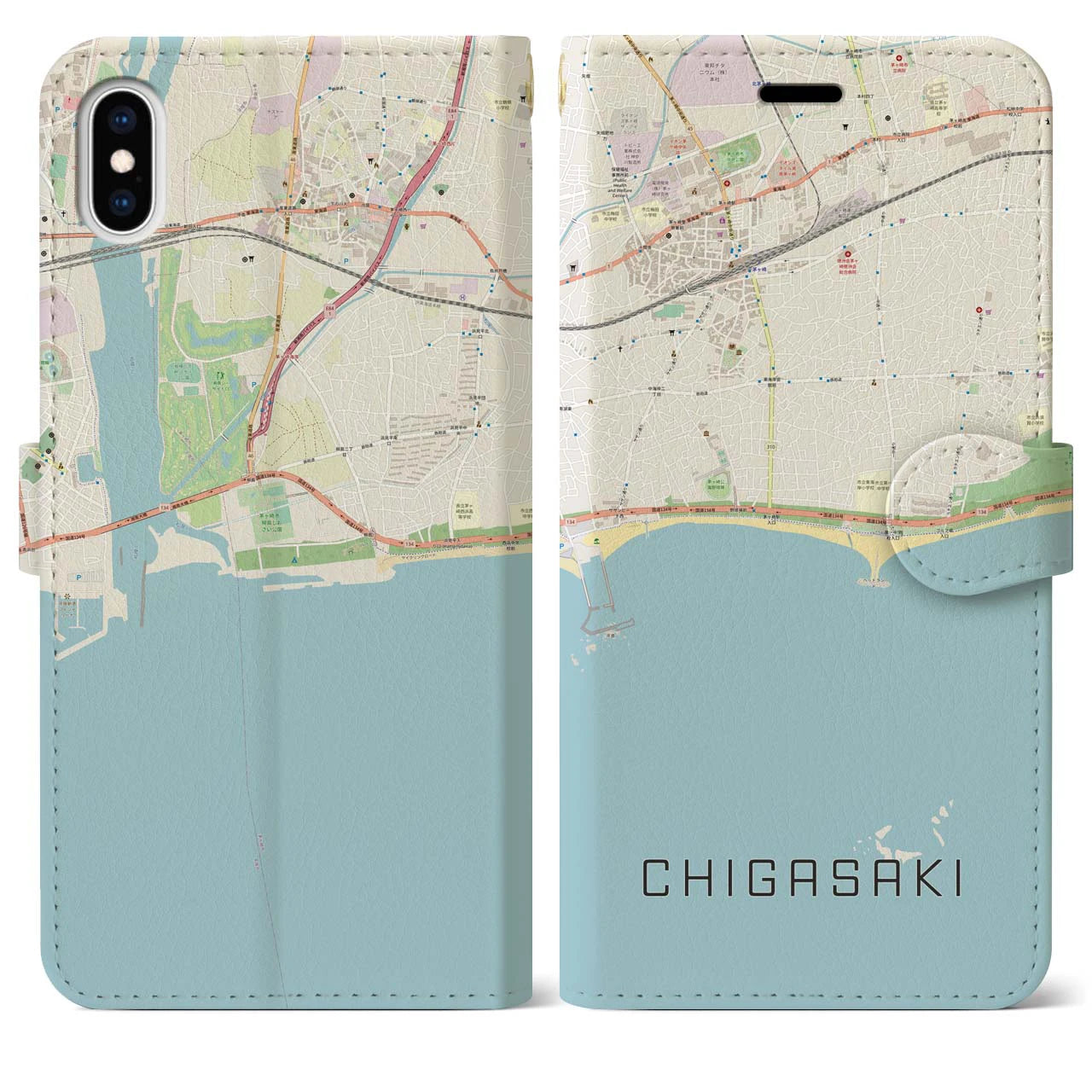 【茅ヶ崎(神奈川県)】地図柄iPhoneケース(手帳タイプ)ナチュラル・iPhone XS Max 用