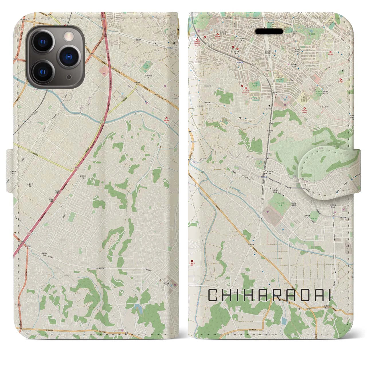 【ちはら台(千葉県)】地図柄iPhoneケース(手帳タイプ)ナチュラル・iPhone 11 Pro Max 用