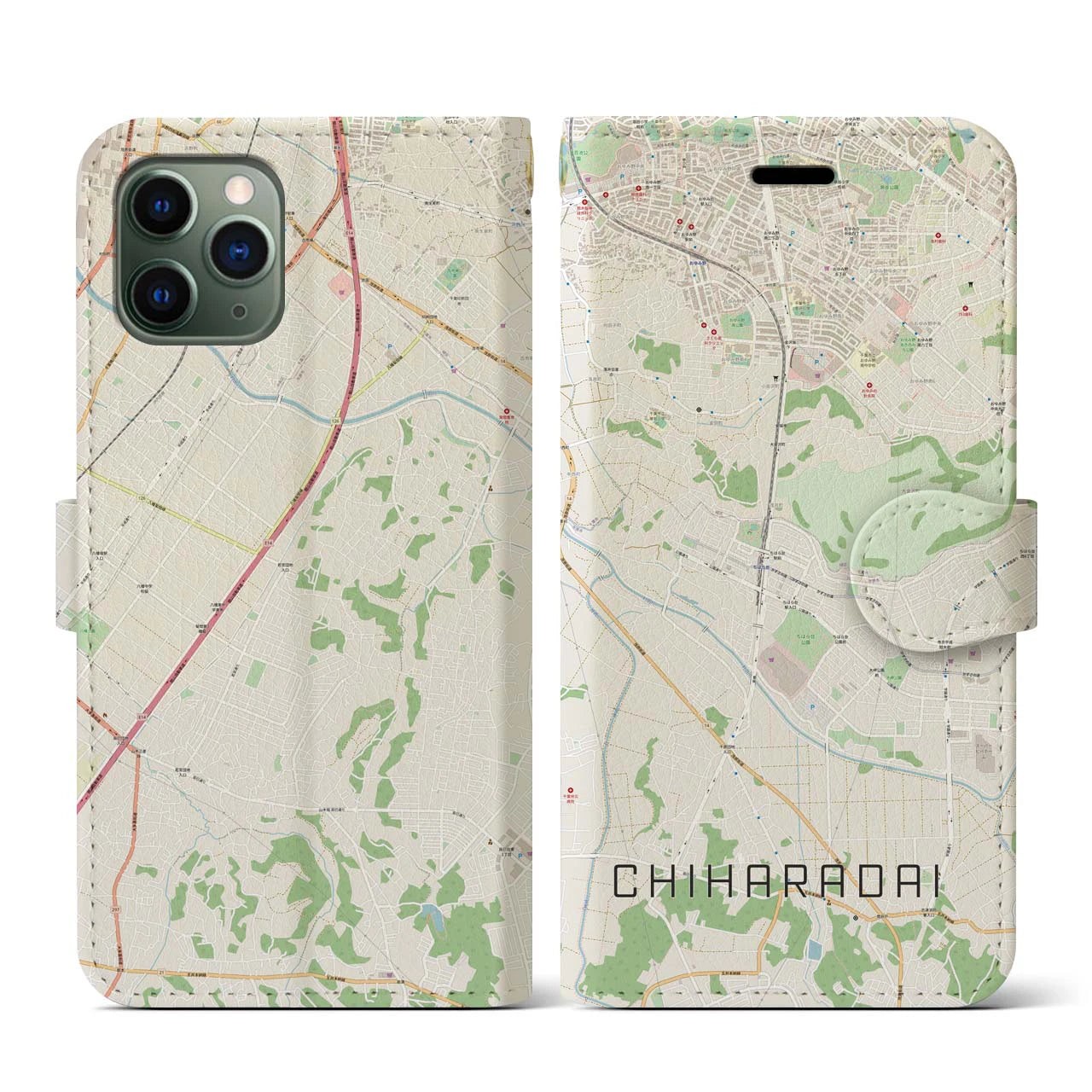 【ちはら台(千葉県)】地図柄iPhoneケース(手帳タイプ)ナチュラル・iPhone 11 Pro 用