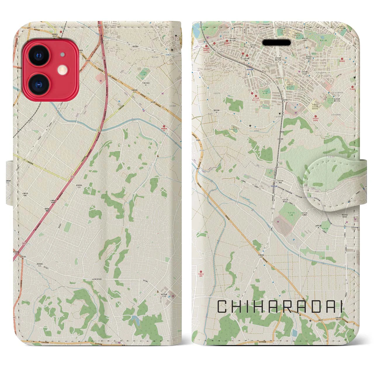 【ちはら台(千葉県)】地図柄iPhoneケース(手帳タイプ)ナチュラル・iPhone 11 用