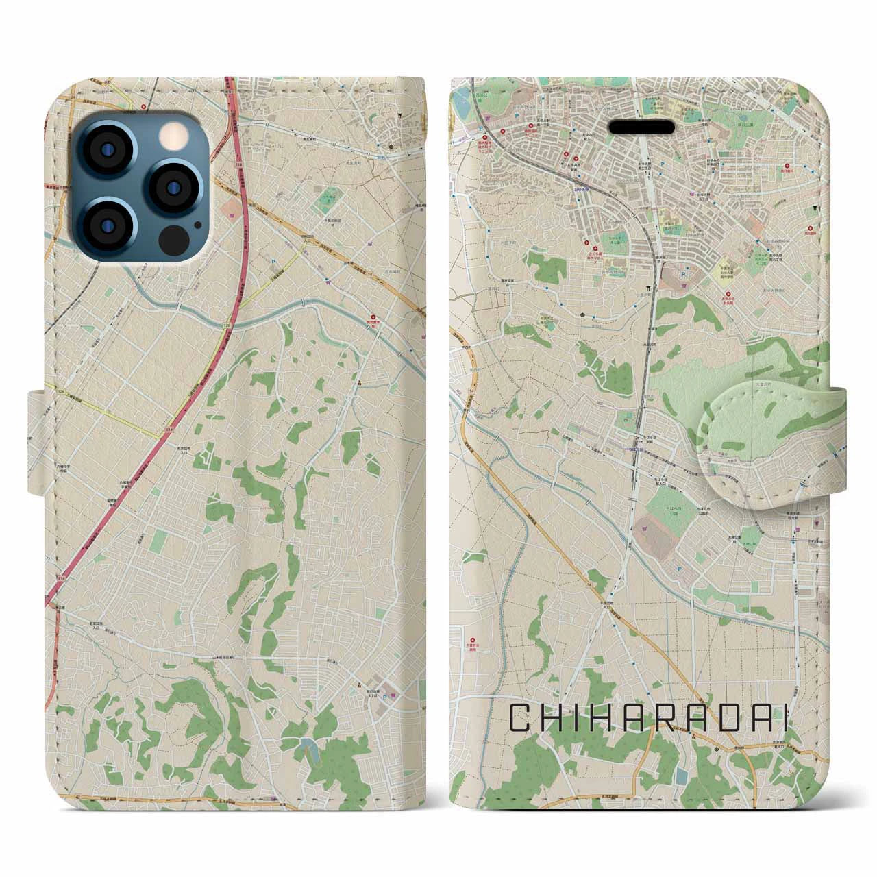 【ちはら台(千葉県)】地図柄iPhoneケース(手帳タイプ)ナチュラル・iPhone 12 / 12 Pro 用